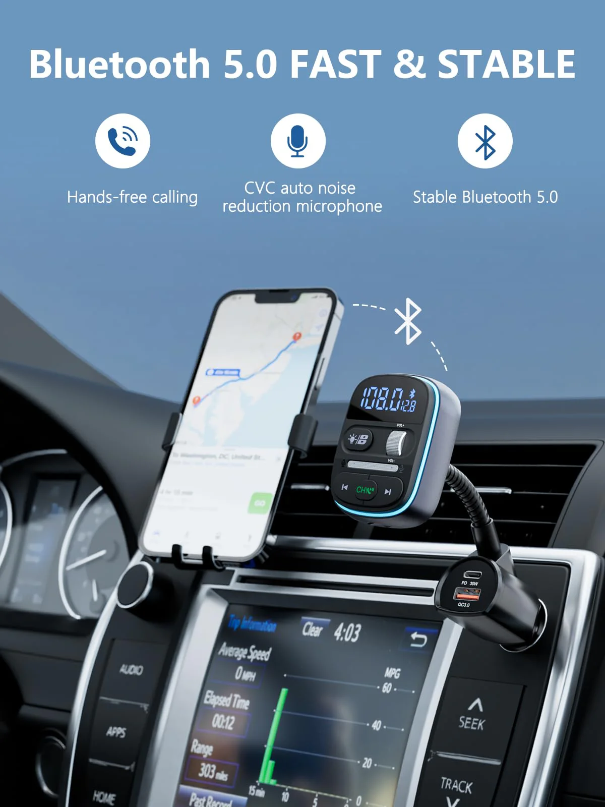 LENCENT Bluetooth FM Transmitter PD 30W, Bluetooth Car Adapter with QC3.0 Fast Charger, Hi-Fi Bass Music, Wireless Radio Receiver Hands-Free Calling, [Color Light] - Image 4