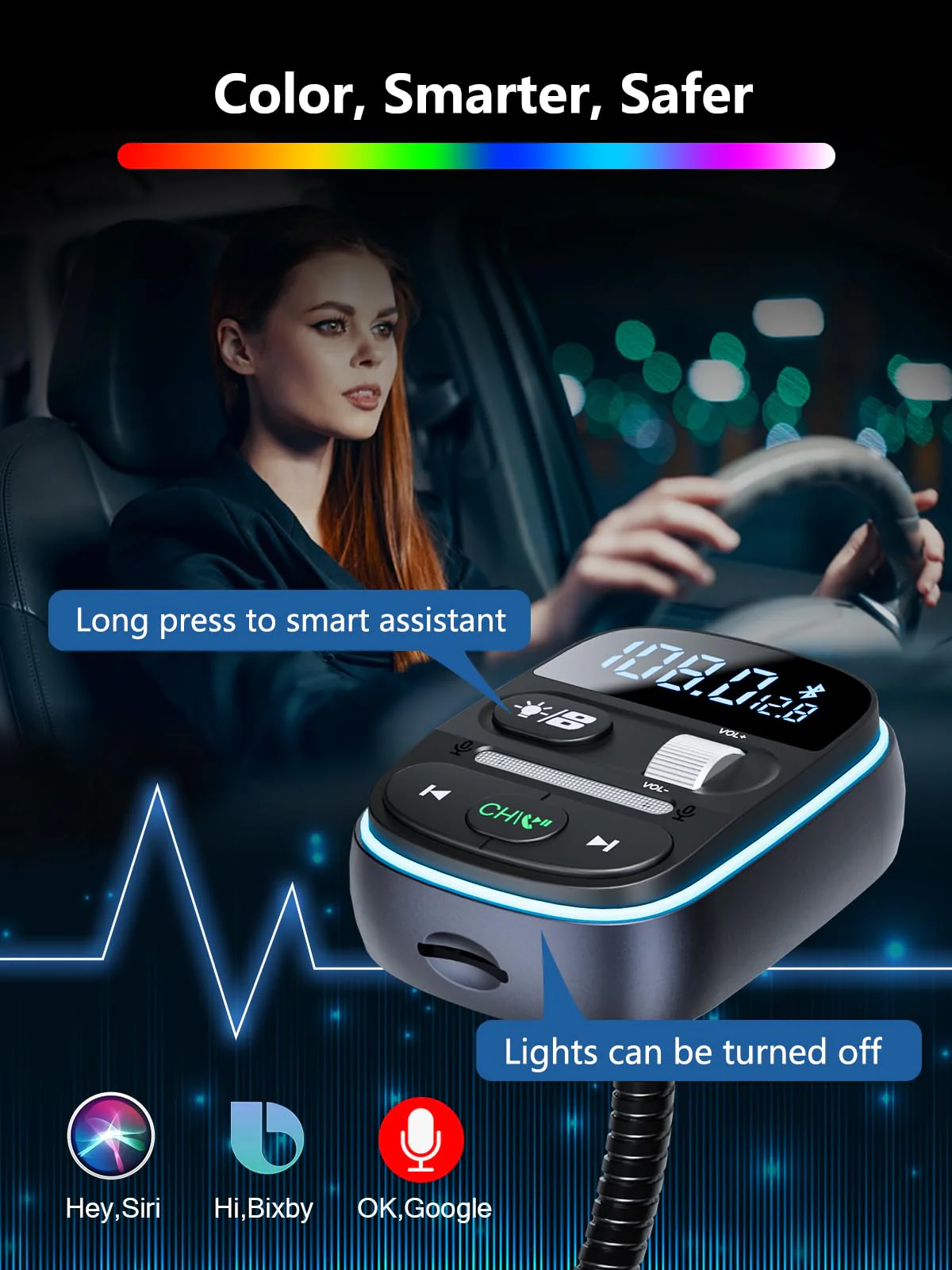 LENCENT Bluetooth FM Transmitter PD 30W, Bluetooth Car Adapter with QC3.0 Fast Charger, Hi-Fi Bass Music, Wireless Radio Receiver Hands-Free Calling, [Color Light] - Image 5