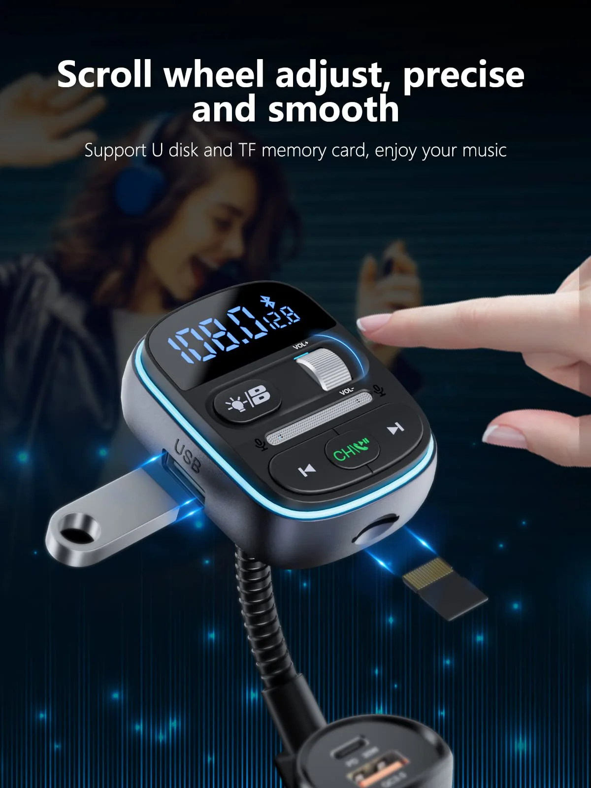 LENCENT Bluetooth FM Transmitter PD 30W, Bluetooth Car Adapter with QC3.0 Fast Charger, Hi-Fi Bass Music, Wireless Radio Receiver Hands-Free Calling, [Color Light] - Image 6