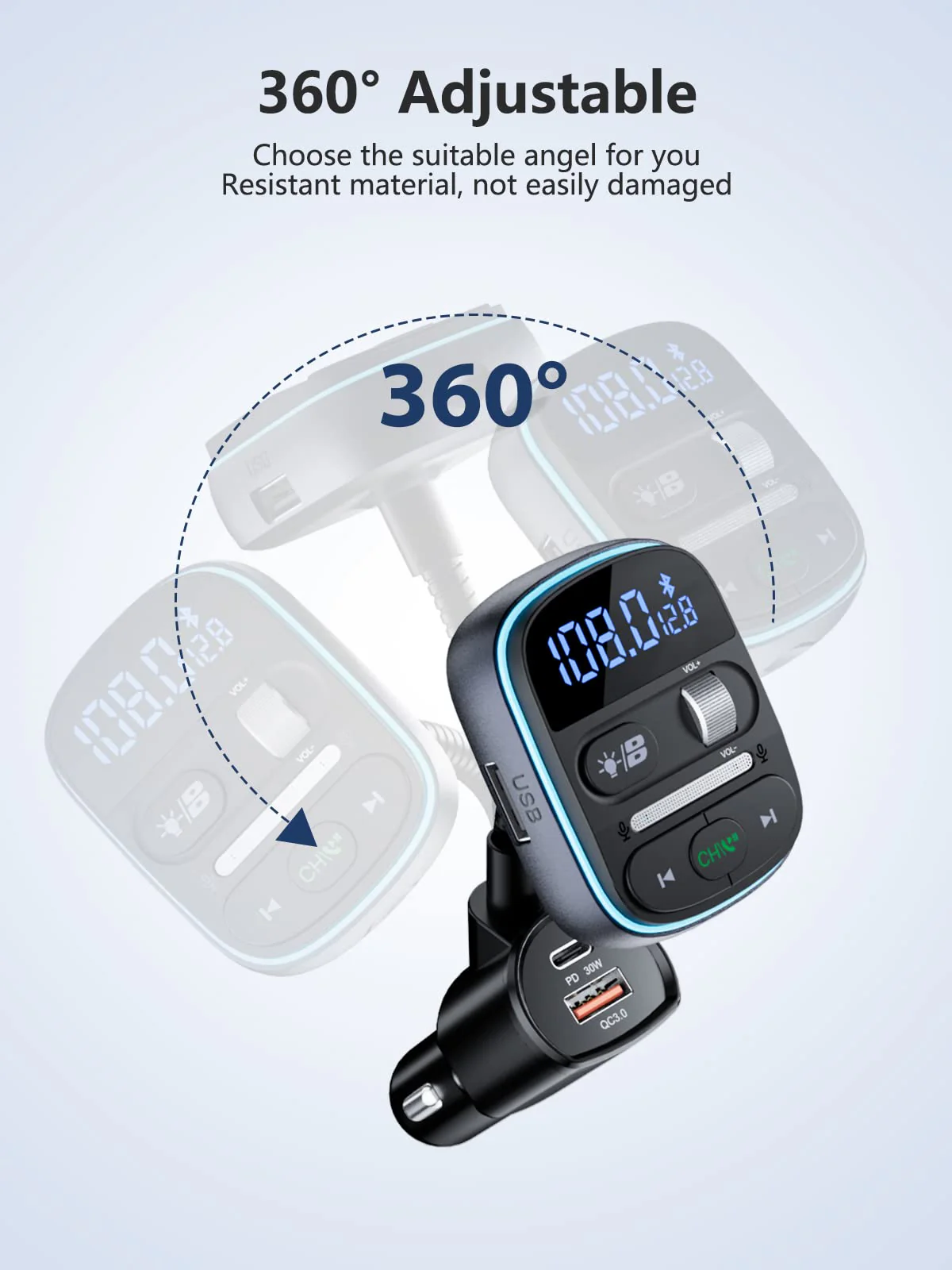 LENCENT Bluetooth FM Transmitter PD 30W, Bluetooth Car Adapter with QC3.0 Fast Charger, Hi-Fi Bass Music, Wireless Radio Receiver Hands-Free Calling, [Color Light] - Image 7