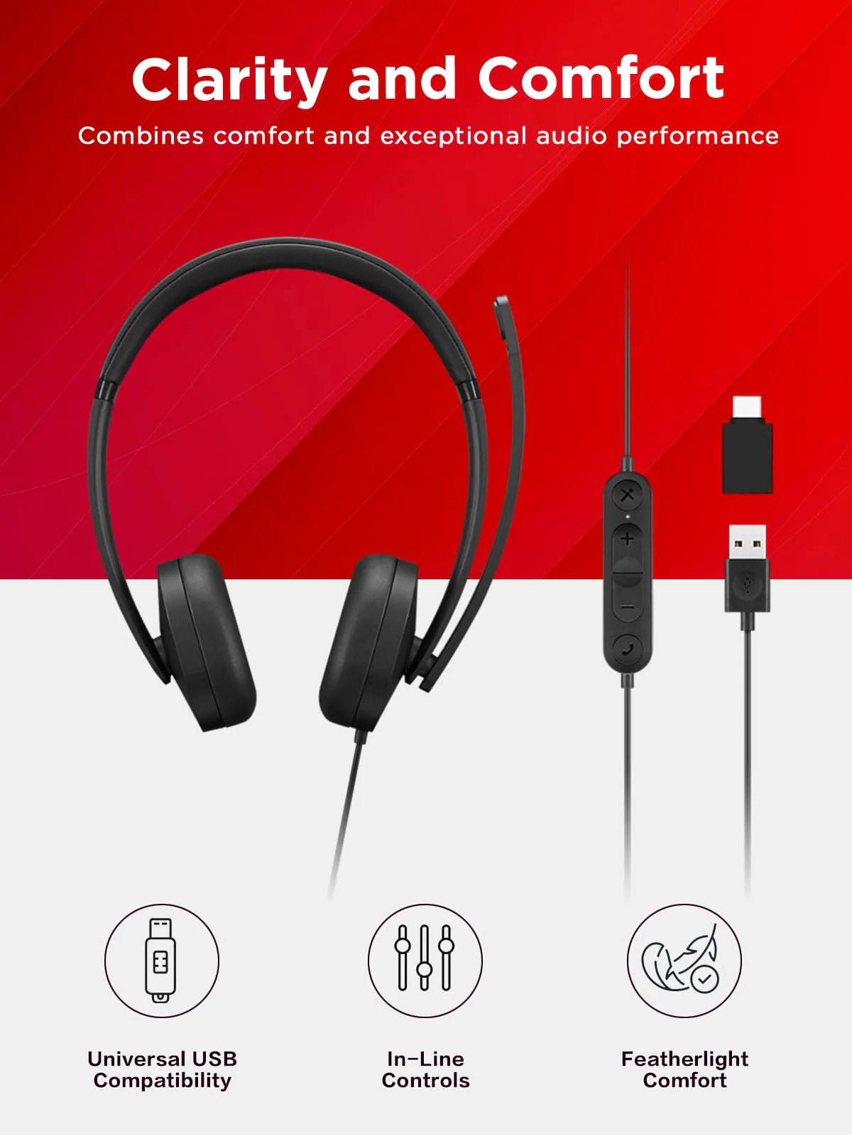 Lenovo 115 USB-A/USB-C Wired Stereo Headset – Lightweight, Noise-Cancelling, in-Line Control Box, USB-A to USB-C Adapter, Over-Ear Design, Headset with Mic for PC and Laptop, Black - Image 3