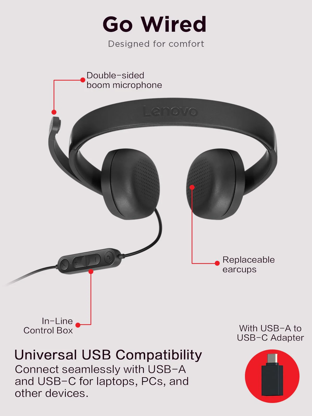 Lenovo 115 USB-A/USB-C Wired Stereo Headset – Lightweight, Noise-Cancelling, in-Line Control Box, USB-A to USB-C Adapter, Over-Ear Design, Headset with Mic for PC and Laptop, Black - Image 4