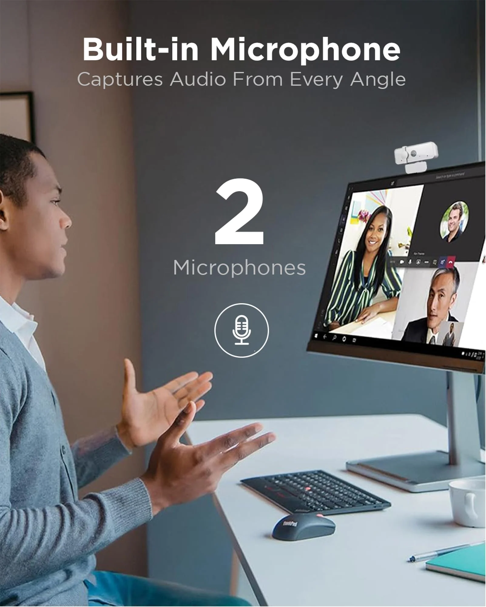 Lenovo HD 1080p Webcam (300 FHD) - Monitor Camera with 95° Wide Angle, 360° Rotation Pan & Tilt, Dual Microphones – Attachable Desktop Cam with Privacy Shutter for Remote Work, Streaming & Gaming 300 FHD Cloud Grey - Image 4