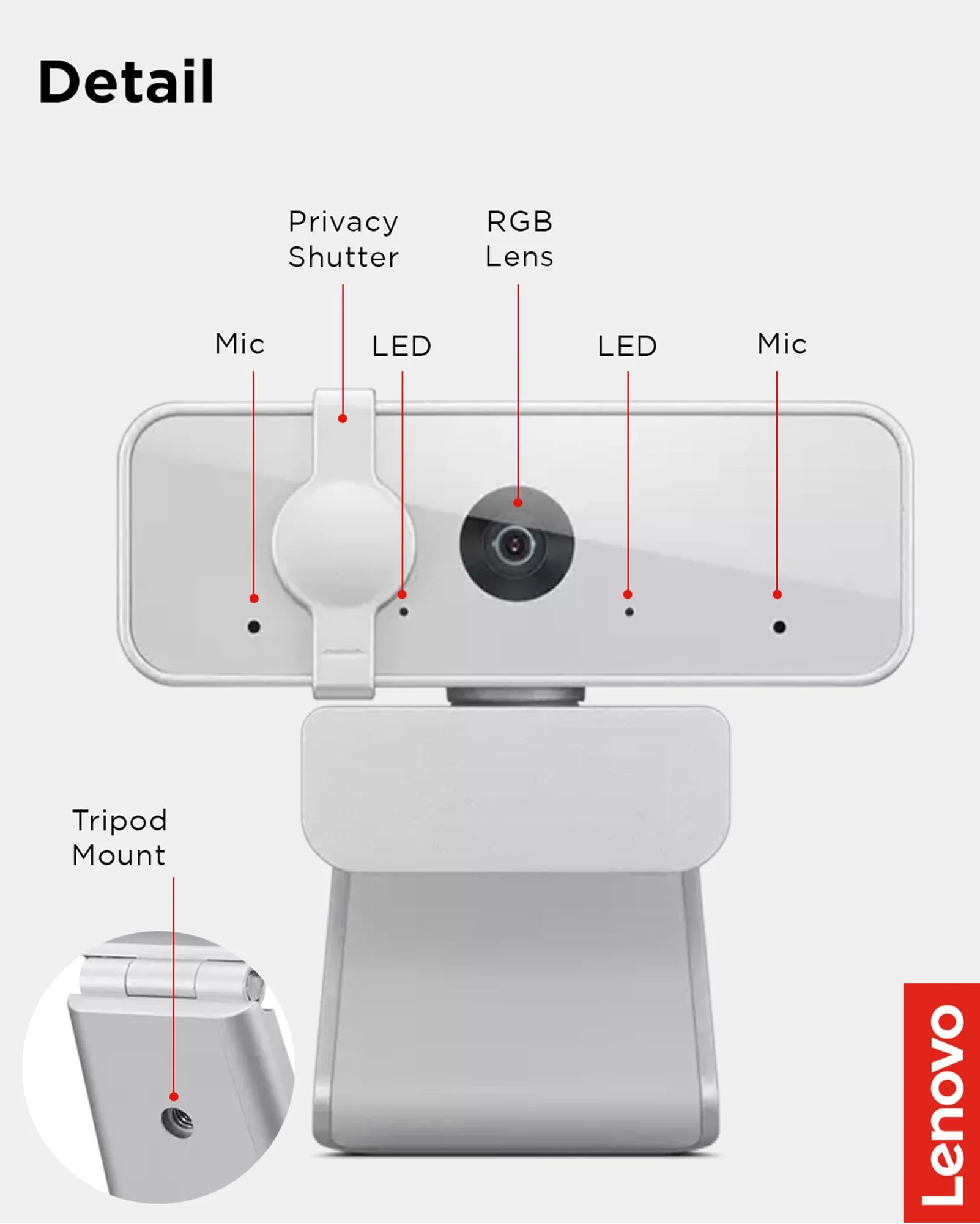 Lenovo HD 1080p Webcam (300 FHD) - Monitor Camera with 95° Wide Angle, 360° Rotation Pan & Tilt, Dual Microphones – Attachable Desktop Cam with Privacy Shutter for Remote Work, Streaming & Gaming 300 FHD Cloud Grey - Image 8
