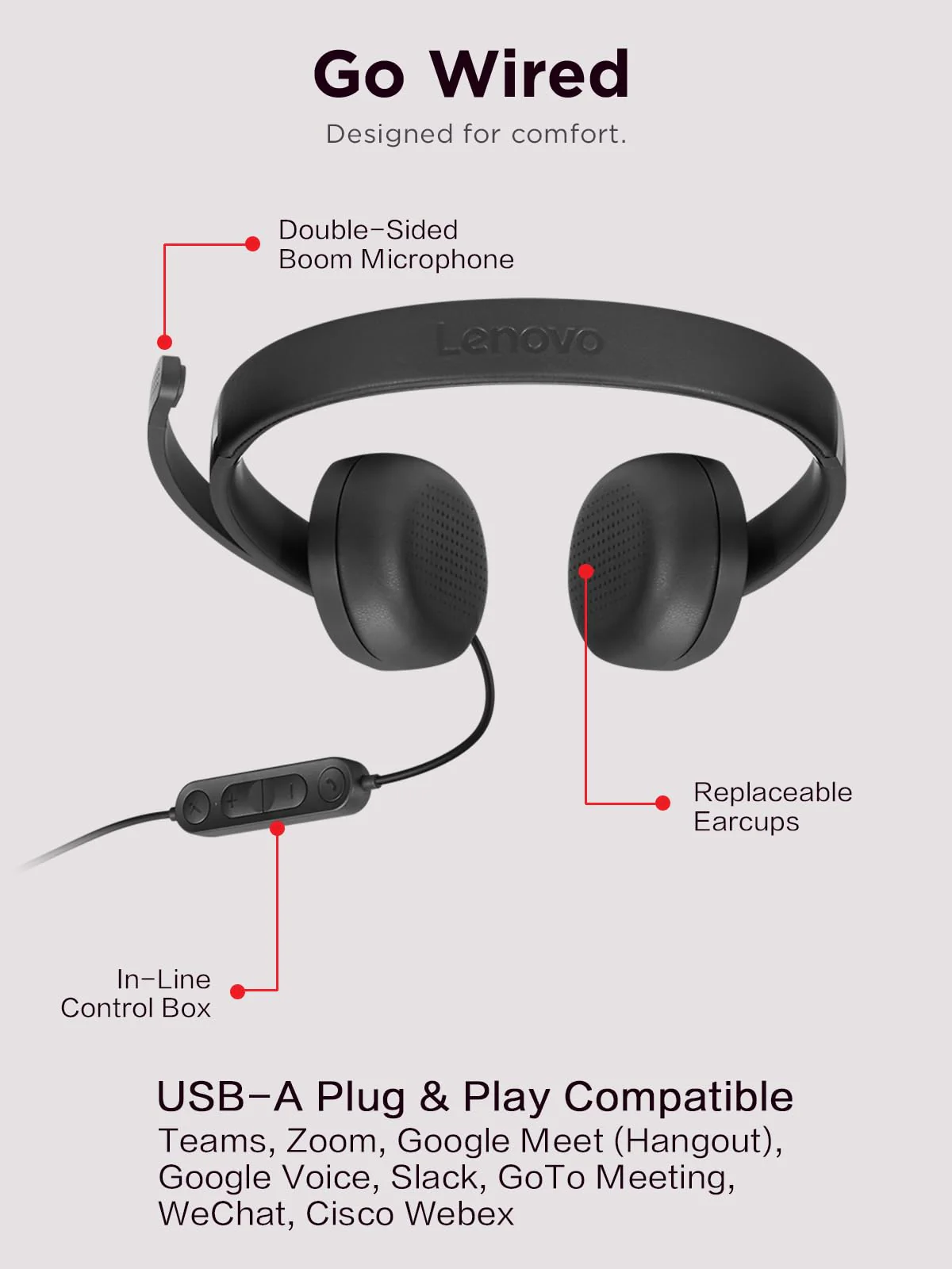 Lenovo USB-A Wired Stereo Headset for PC/Laptop, AI Noise Canceling via APP, 140g Lightweight, Replaceable Earcups, Double-Sided Boom Mic, in-line Controls with Mute for Call. Work with Teams/Zoom - Image 6