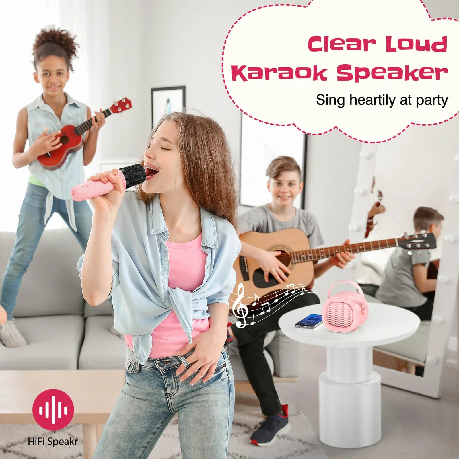 LENRUE Karaoke Machine for Kids with Wireless Microphone, 4 Magic Voices, Karaoke Toys for Girls Boys, Best Birthday Gifts for Kids 4, 5, 6, 7, 8, 9, 10, 11, 12+(M65 Pink 1 Mic) M65 Pink 1 Mic - Image 2