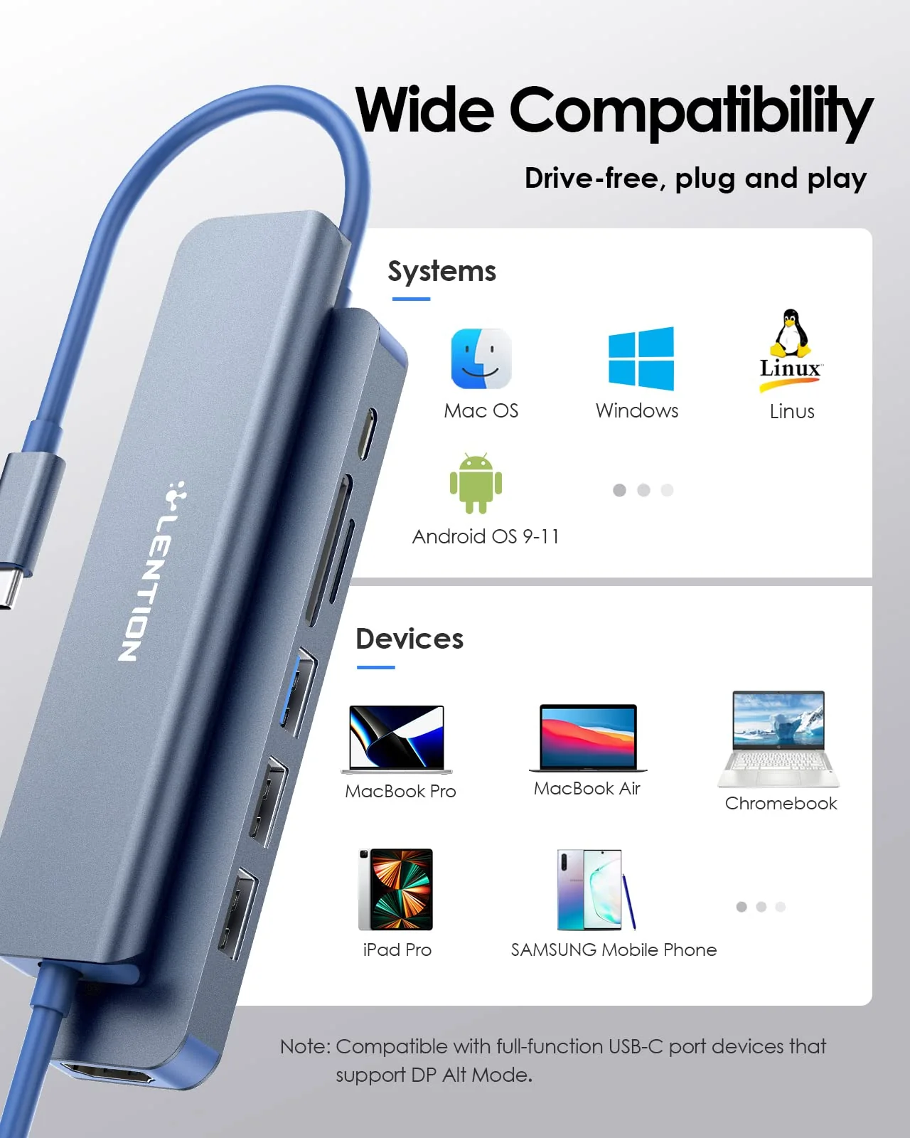 LENTION USB C Hub with 100W Charging, 4K HDMI, Dual Card Reader, USB 3.0 & 2.0 Compatible 2023-2016 MacBook Pro, New Mac Air/Surface, Chromebook, More, Stable Driver Adapter (CB-CE18,Blue) Blue - Image 7