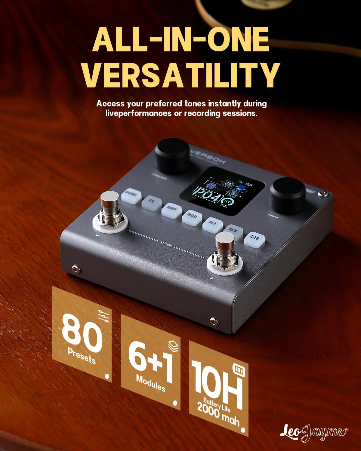 Leo Jaymz Portable Multi-Effects Guitar/Bass Amplifier Modeler Effects Processor with 6 Effects Modules, 80 Editable Presets & Rechargeable Battery - Image 2