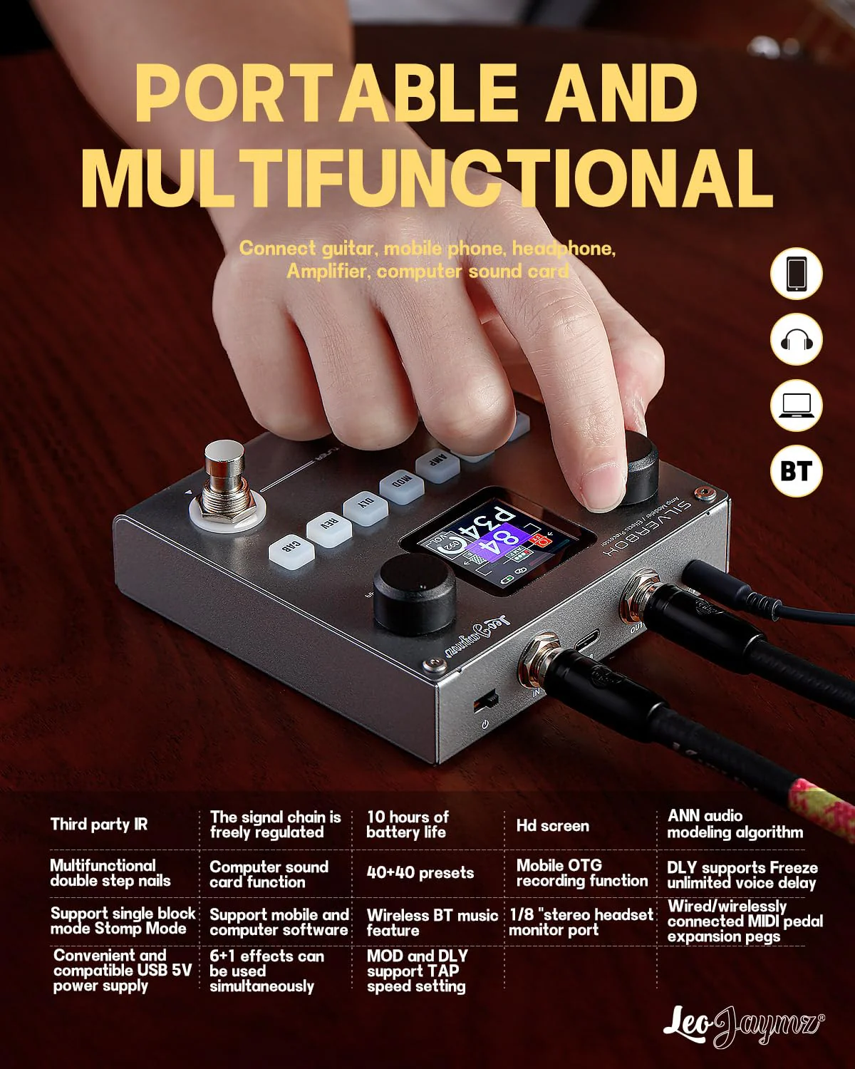 Leo Jaymz Portable Multi-Effects Guitar/Bass Amplifier Modeler Effects Processor with 6 Effects Modules, 80 Editable Presets & Rechargeable Battery - Image 3