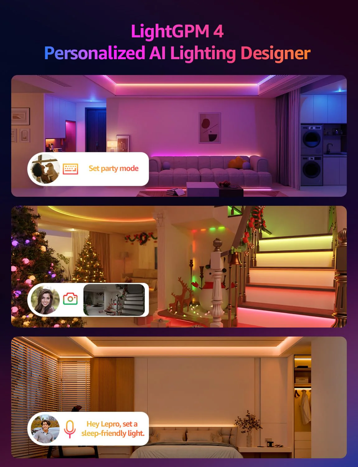 Lepro S2 AI Smart LED Strip Lights - 16.4ft RGBCW Light Strips with 2700K-5700K Tunable Warm White, Color Segment DIY, Personalized Al Lighting Designer, APP Control(No Remote), 2.4G Wi-Fi & Bluetooth - Image 2