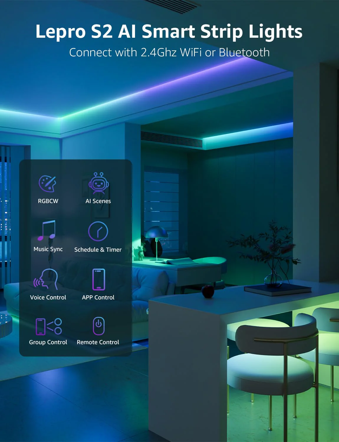 Lepro S2 AI Smart LED Strip Lights - 16.4ft RGBCW Light Strips with 2700K-5700K Tunable Warm White, Color Segment DIY, Personalized Al Lighting Designer, APP Control(No Remote), 2.4G Wi-Fi & Bluetooth - Image 9