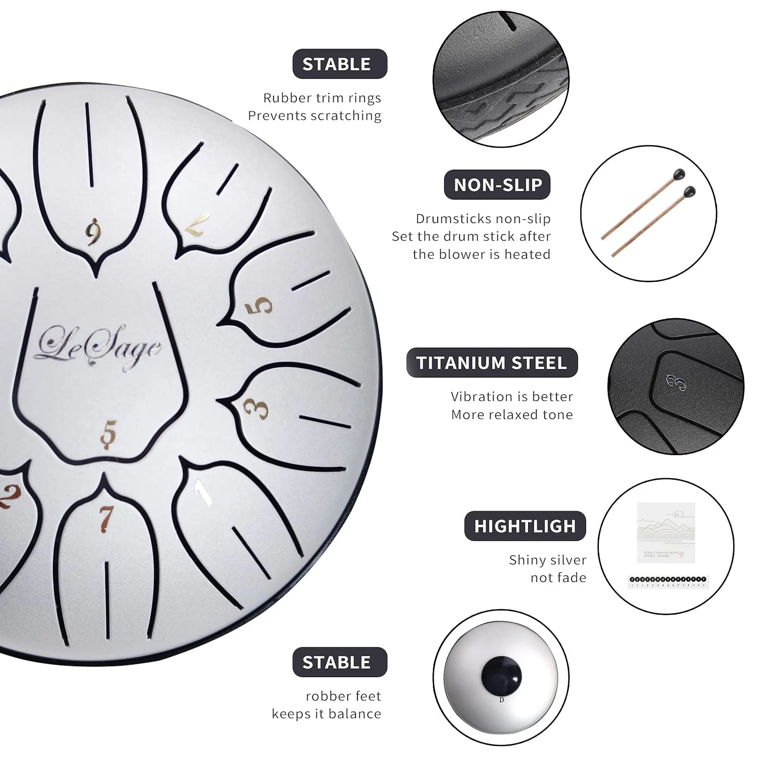 LeSage Steel Tongue Drum 6 inch 11 note Rain Therapy Metal Yoga Zen Meditation Yoga Gifts 6 in 11 note silver - Image 2