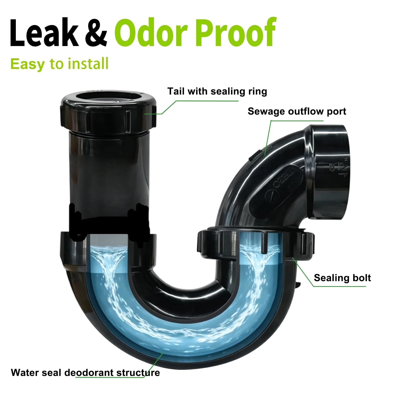 LESSO P Trap with Threaded Adapter Ring,1-1/2" Leak & Odor Proof Drain Kits for Bathroom/Kitchen/RV Sink Drain, ABS P Trap 1-1/2 Inch P-Trap-A - Image 2