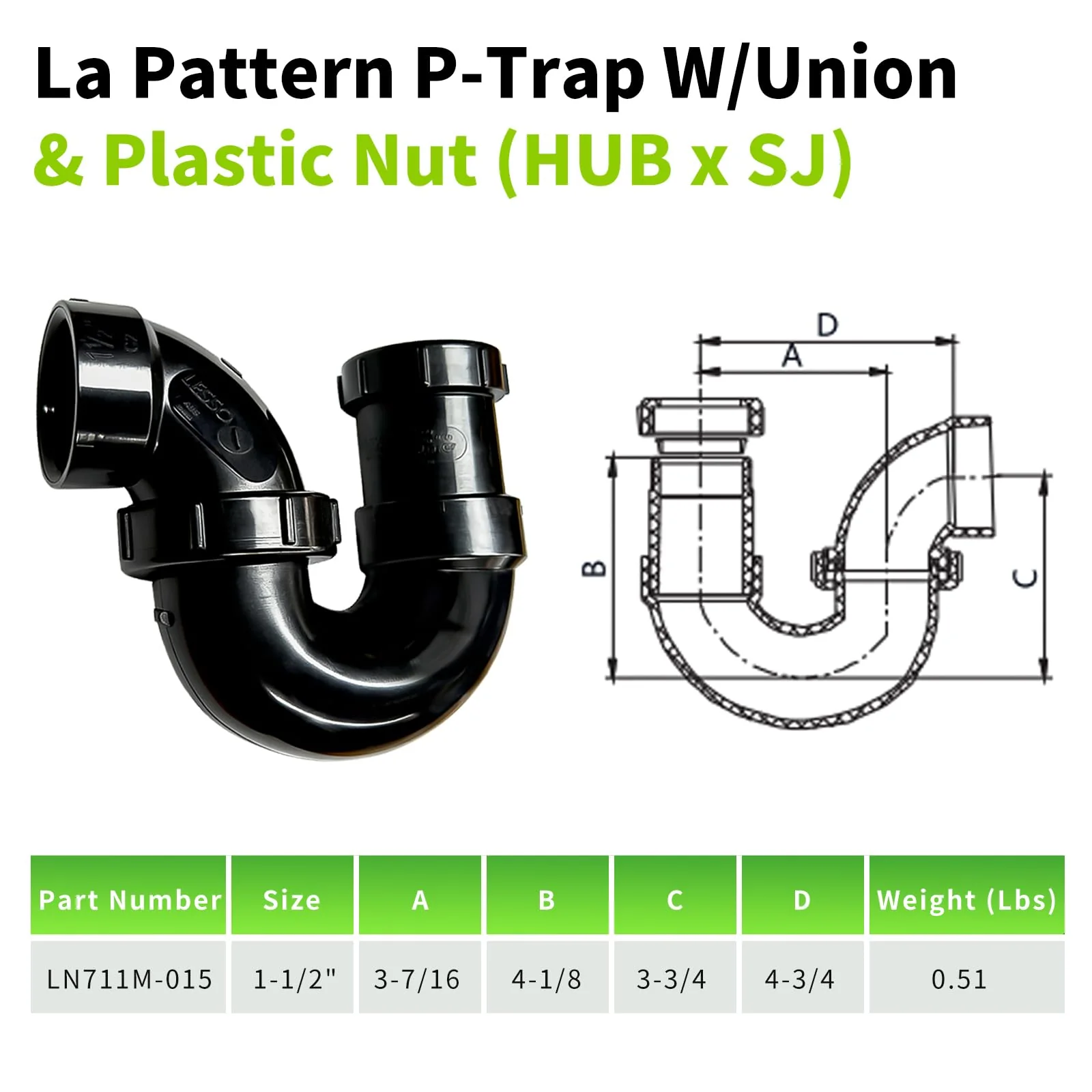 LESSO P Trap with Threaded Adapter Ring,1-1/2" Leak & Odor Proof Drain Kits for Bathroom/Kitchen/RV Sink Drain, ABS P Trap 1-1/2 Inch P-Trap-A - Image 8