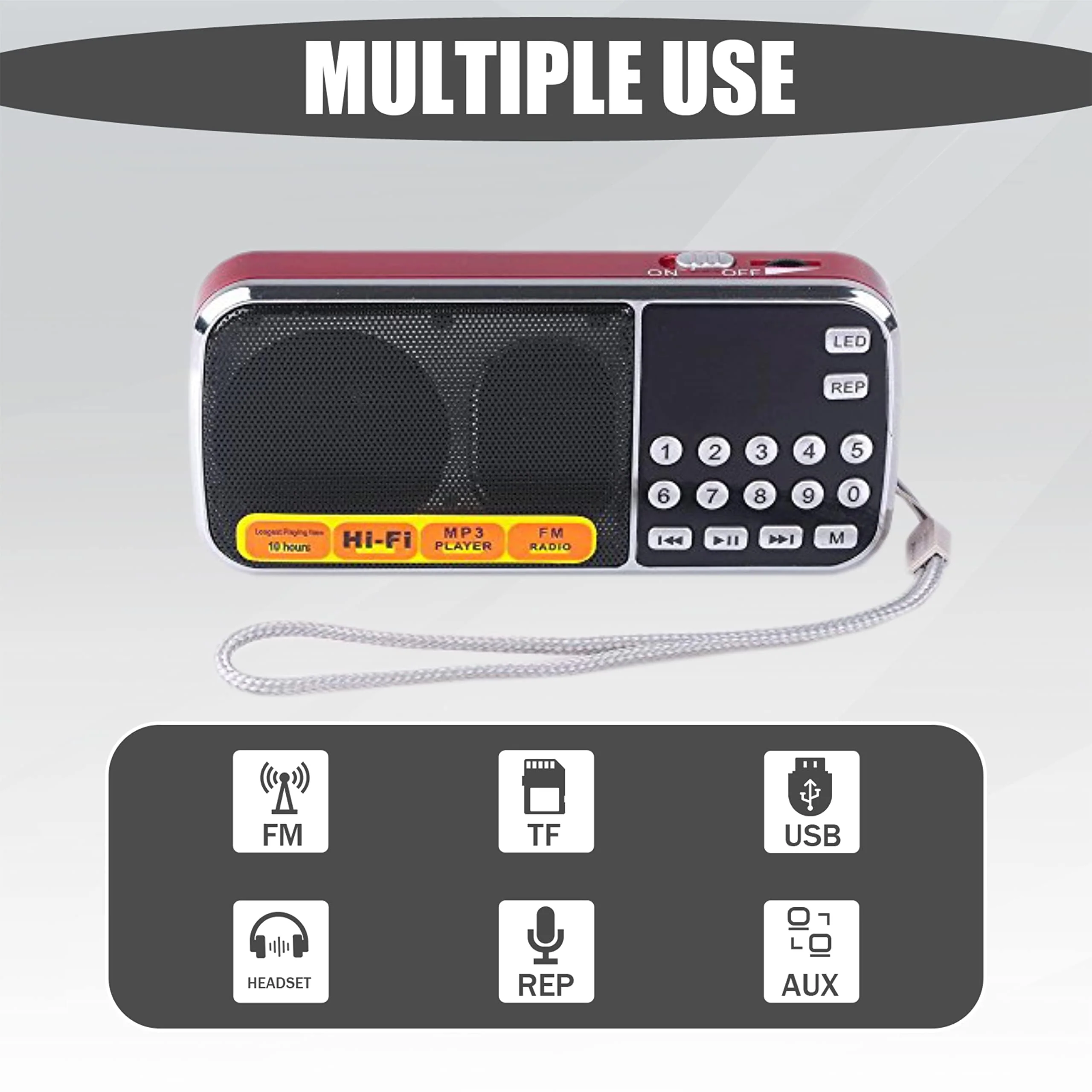 Leting Portable AM/FM Radio and MP3 Speaker, Mini Rechargeable Radio with 0-9 Number Keys for Direct Song & FM Tuning, TF Card/USB Support, Built-in Flashlight, Clear Reception (Red) RED - Image 3
