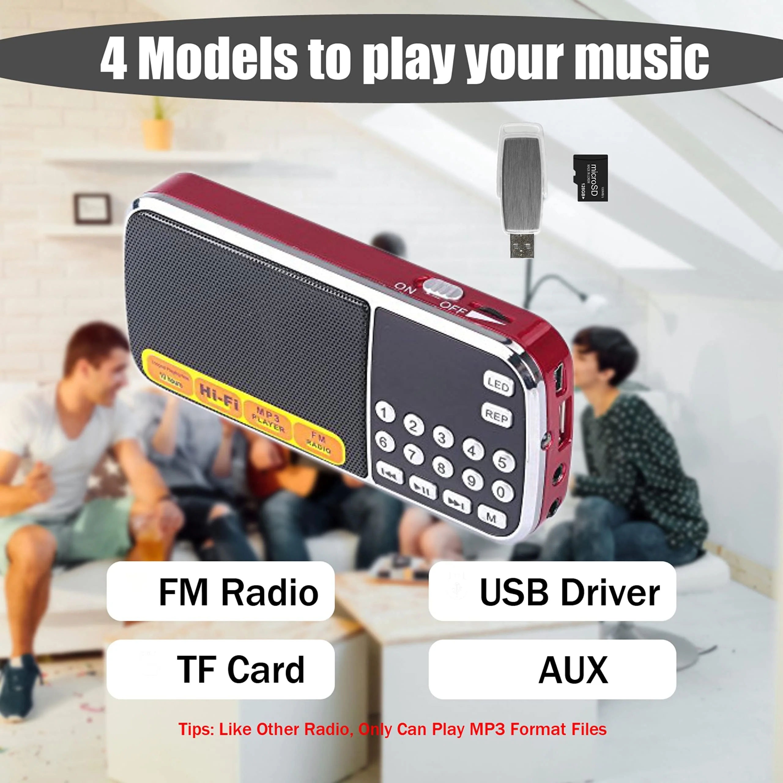 Leting Portable AM/FM Radio and MP3 Speaker, Mini Rechargeable Radio with 0-9 Number Keys for Direct Song & FM Tuning, TF Card/USB Support, Built-in Flashlight, Clear Reception (Red) RED - Image 4