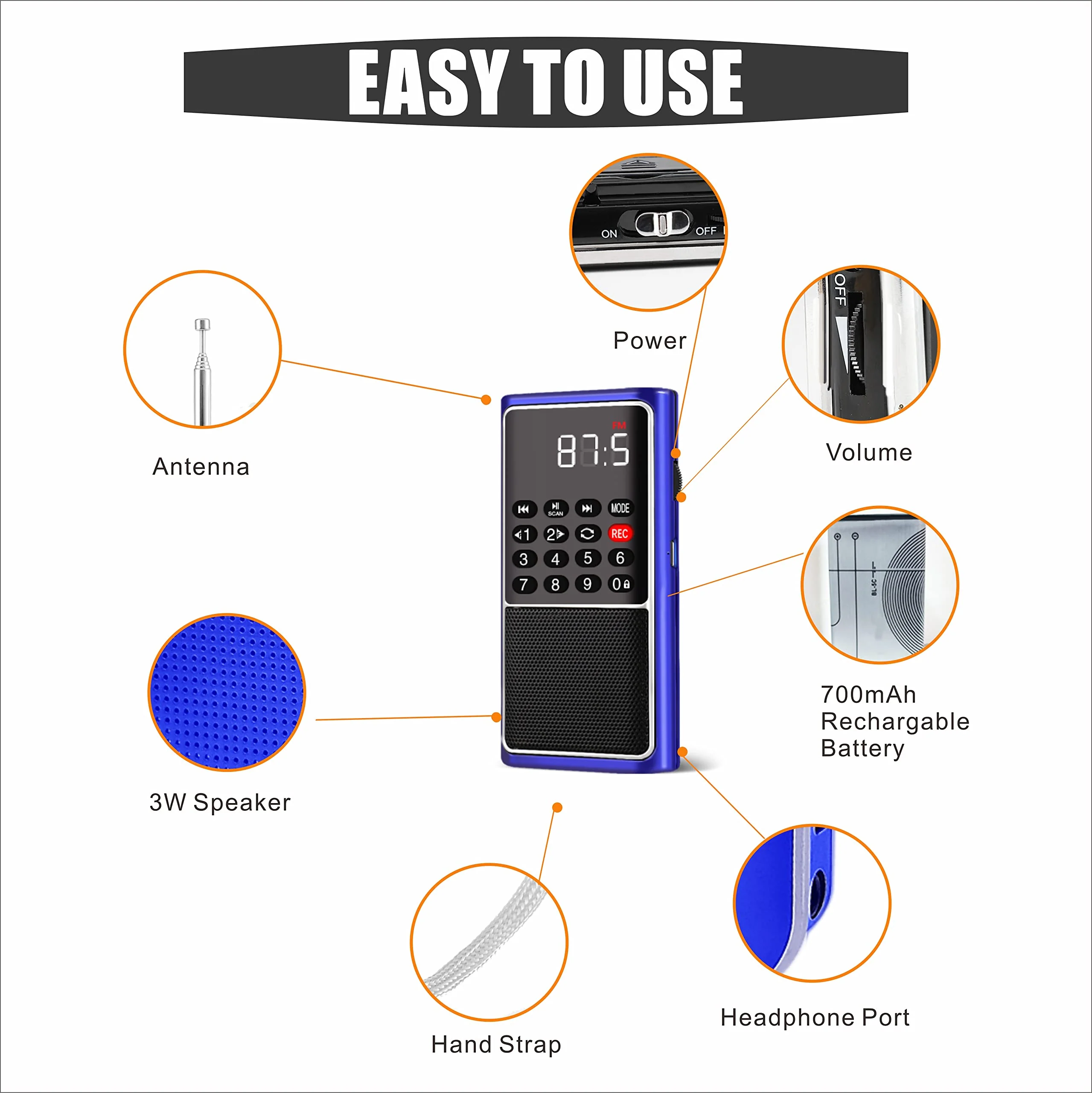 Leting Portable Radio with Mp3 Speaker, Radios Porable FM, Radio Support Tf Card/USB/Music Recording, Emergency Radio Rechargeable Battery Powered,FM Radio with Best Reception (Blue) BLUE - Image 2