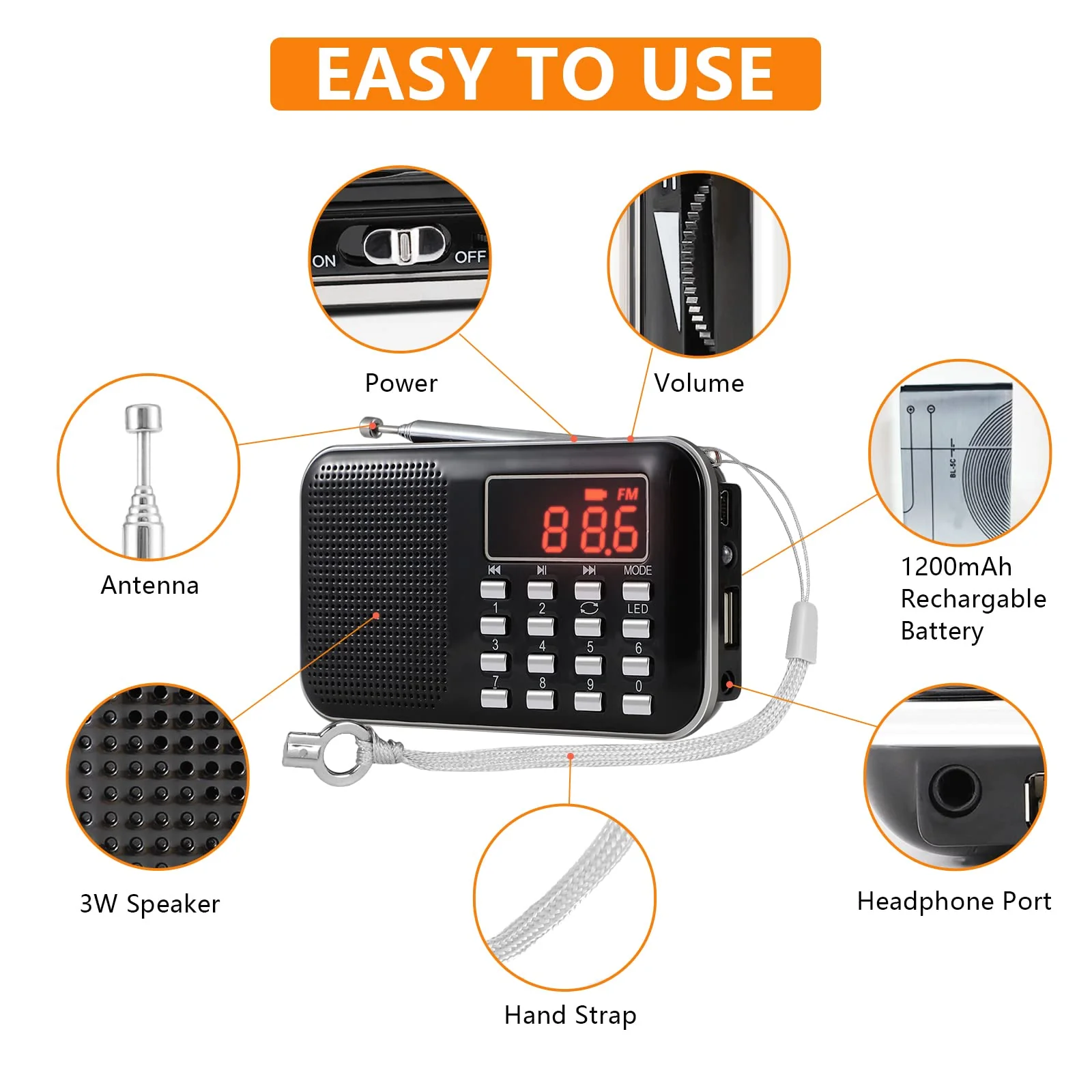 Leting Radios Portable AM/FM MP3 Speaker, Supports Micro SD/USB, Records Music, Rechargeable Battery, Mini Radio with Best Reception (Black) BLACK - Image 2