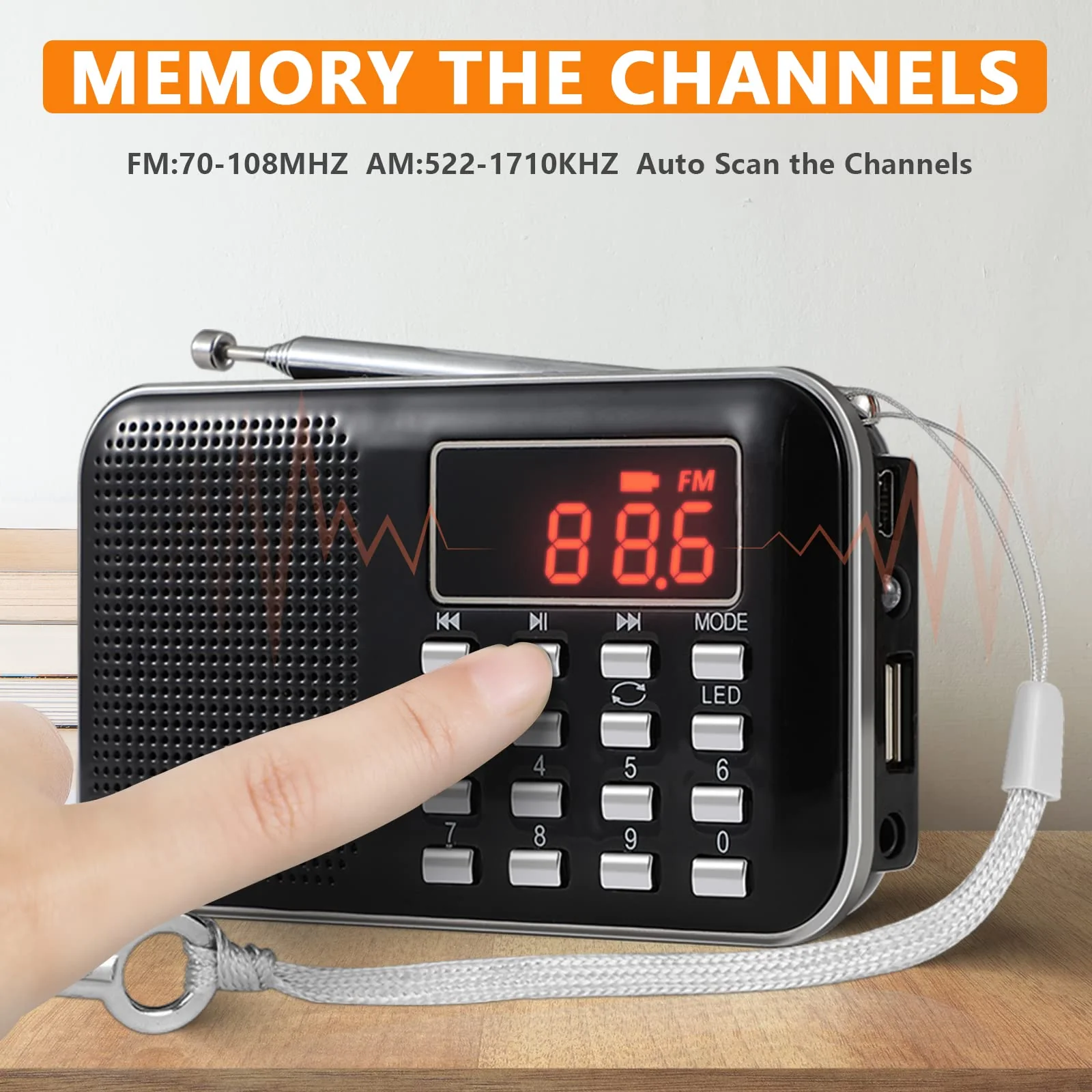 Leting Radios Portable AM/FM MP3 Speaker, Supports Micro SD/USB, Records Music, Rechargeable Battery, Mini Radio with Best Reception (Black) BLACK - Image 3
