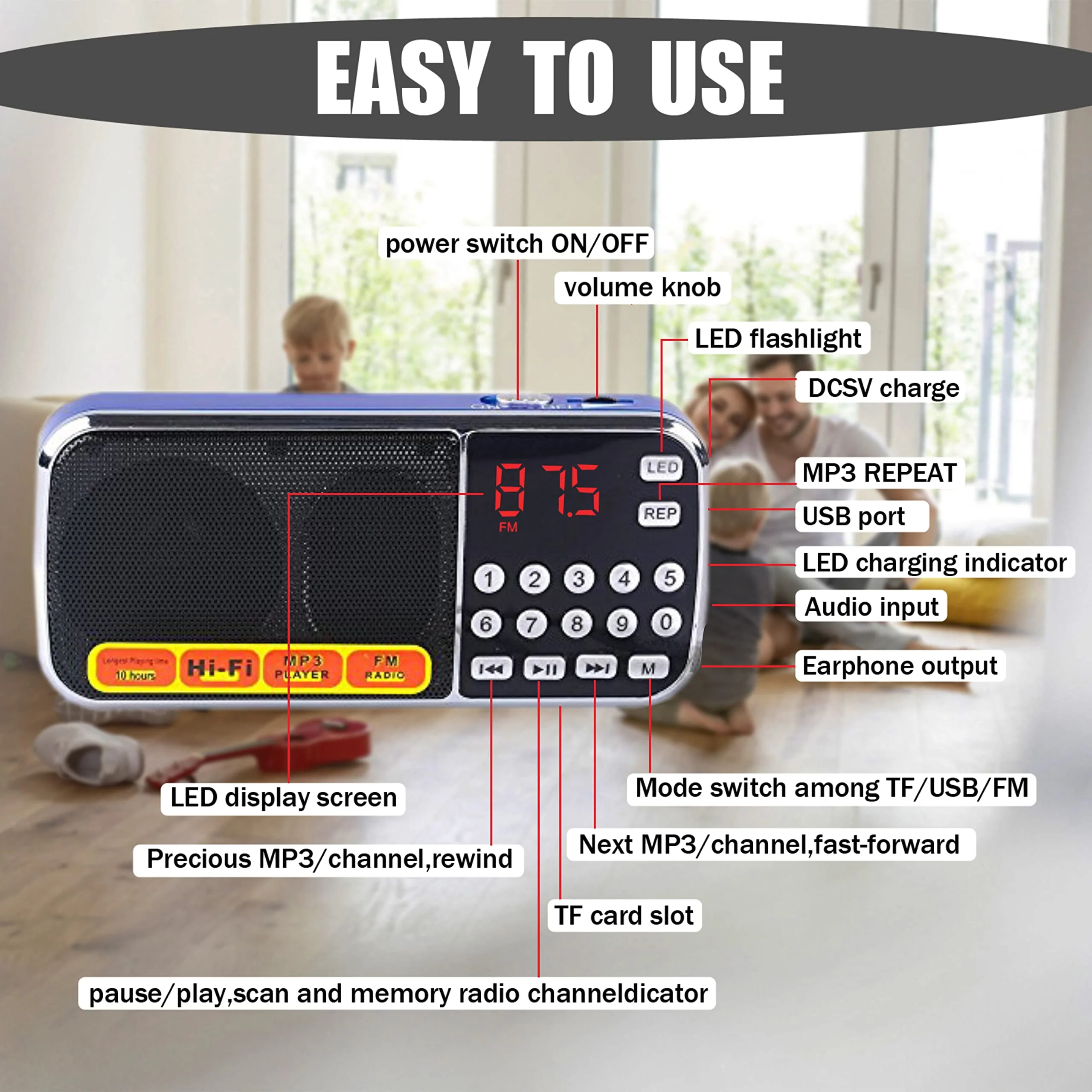 Leting Radios Portable AM with MP3 Speaker, Portable Radio Support TF Card/USB,Rechargeable Battery Powered FM Radio,Mini Radio with Best Reception (Blue) - Image 6
