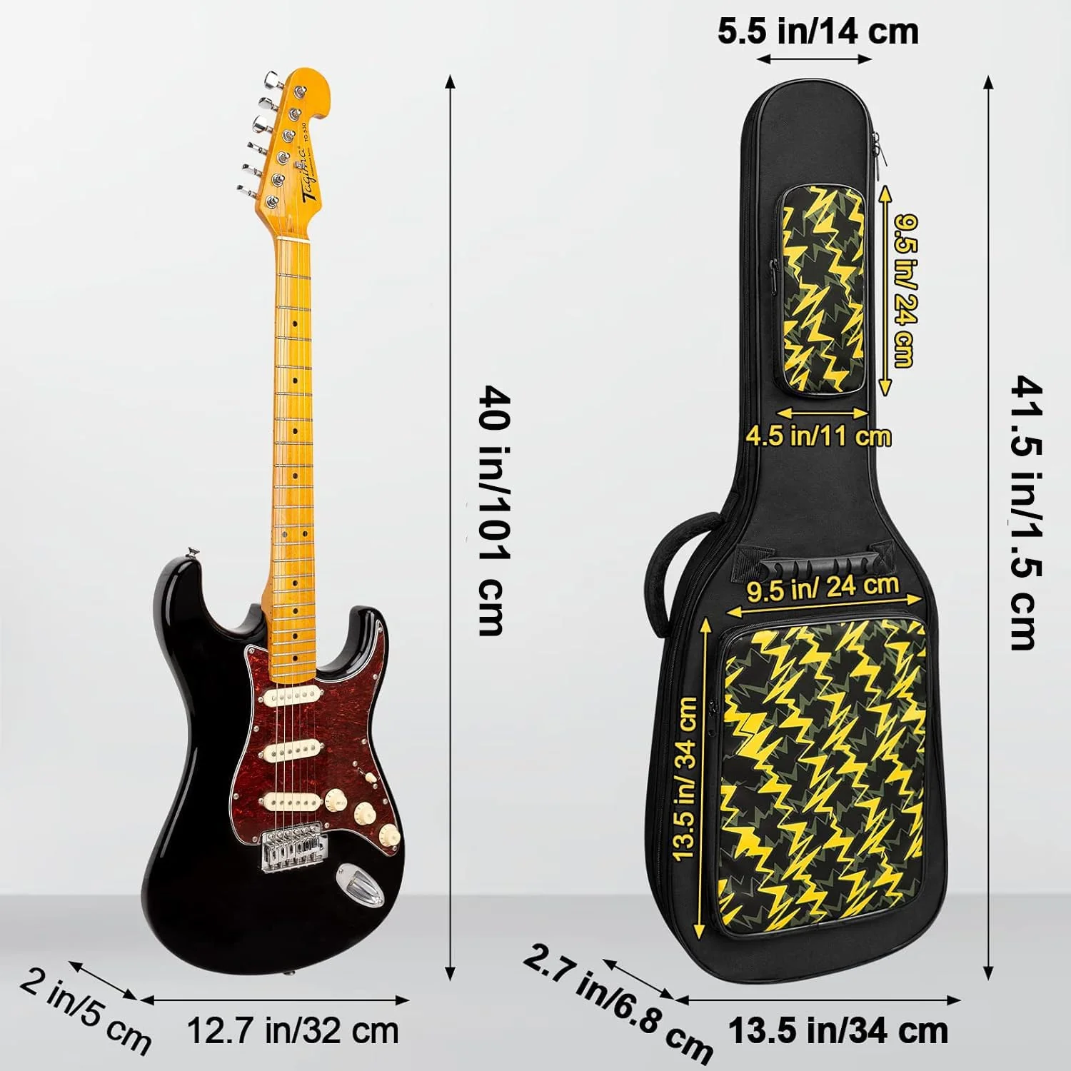 LETSROCK 38 40 41 Inch Electric Guitar Bag Case 0.38 inch Waterproof Thick Padding with Neck Strap Adjustable Shoulder Strap Waterproof Yellow Lightning Shape&Black Electric Guitar Gig Bag Yellow&Black - Image 2