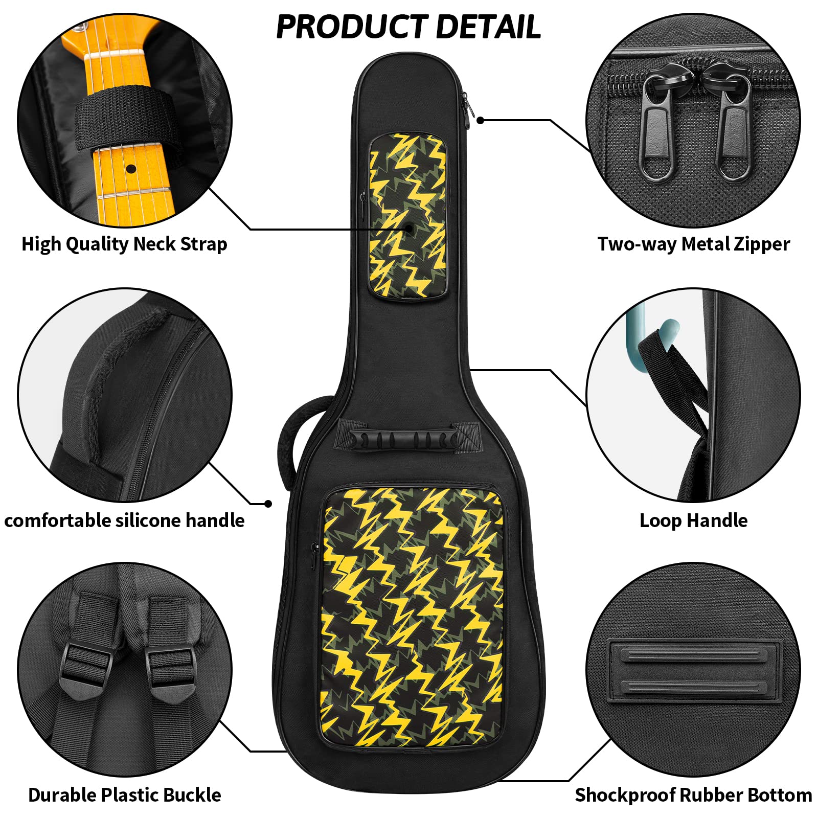LETSROCK 38 40 41 Inch Electric Guitar Bag Case 0.38 inch Waterproof Thick Padding with Neck Strap Adjustable Shoulder Strap Waterproof Yellow Lightning Shape&Black Electric Guitar Gig Bag Yellow&Black - Image 3