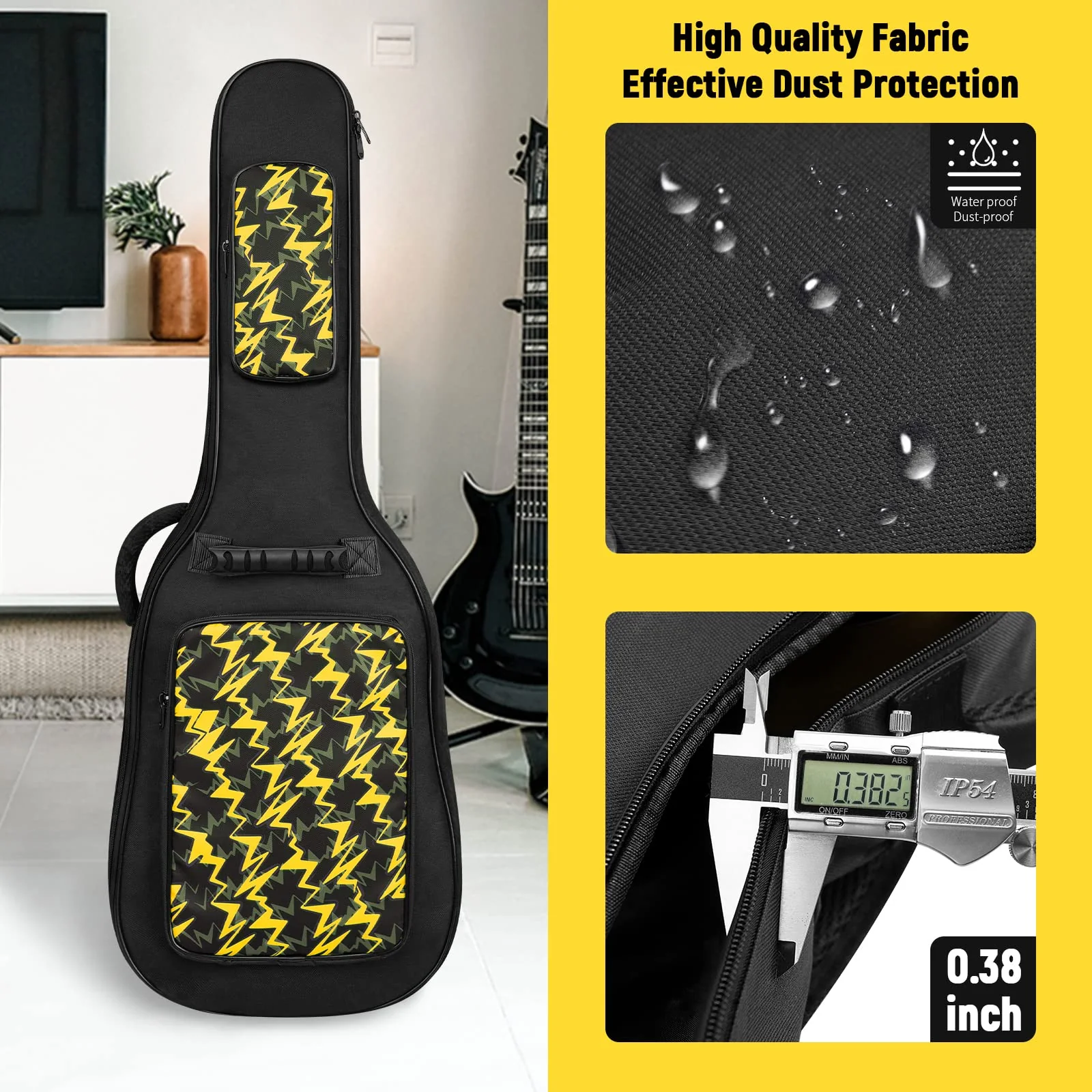 LETSROCK 38 40 41 Inch Electric Guitar Bag Case 0.38 inch Waterproof Thick Padding with Neck Strap Adjustable Shoulder Strap Waterproof Yellow Lightning Shape&Black Electric Guitar Gig Bag Yellow&Black - Image 4