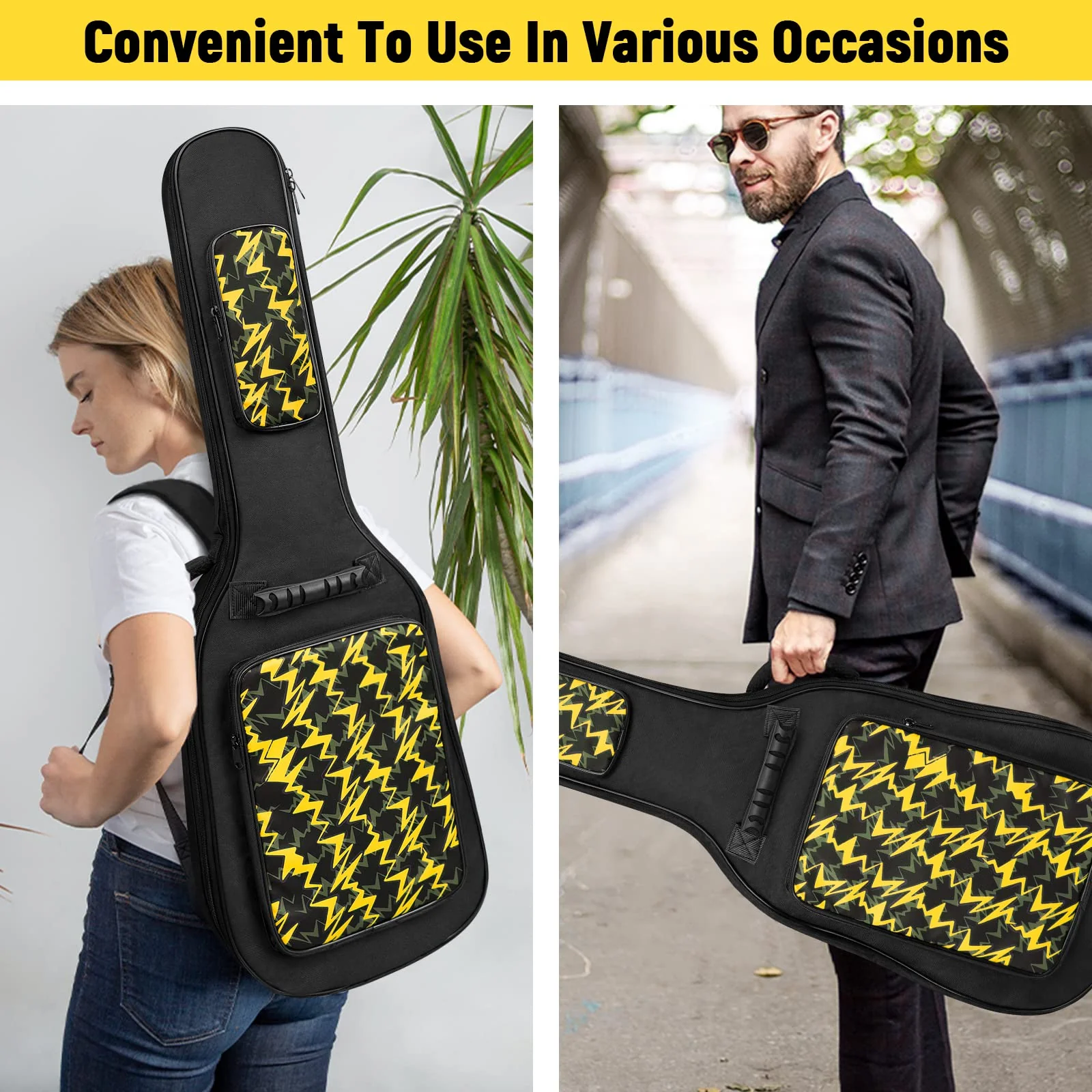 LETSROCK 38 40 41 Inch Electric Guitar Bag Case 0.38 inch Waterproof Thick Padding with Neck Strap Adjustable Shoulder Strap Waterproof Yellow Lightning Shape&Black Electric Guitar Gig Bag Yellow&Black - Image 6