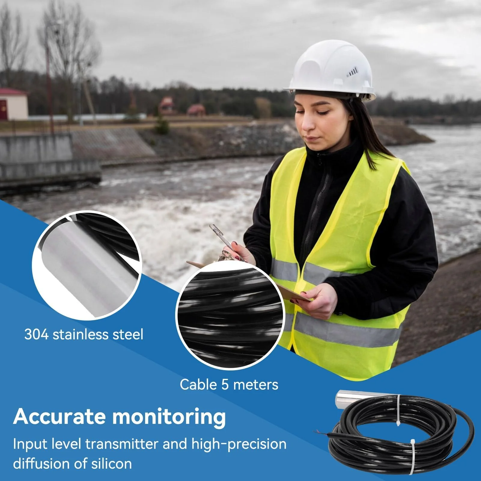 Level Indicator Cistern, Water Level Indicator Cistern, 0-10 m Water Level Sensor, Level Detector Made of Stainless Steel 304 Transmitter, Submersible Level Measurement for Fuel Water Indicator - Image 3