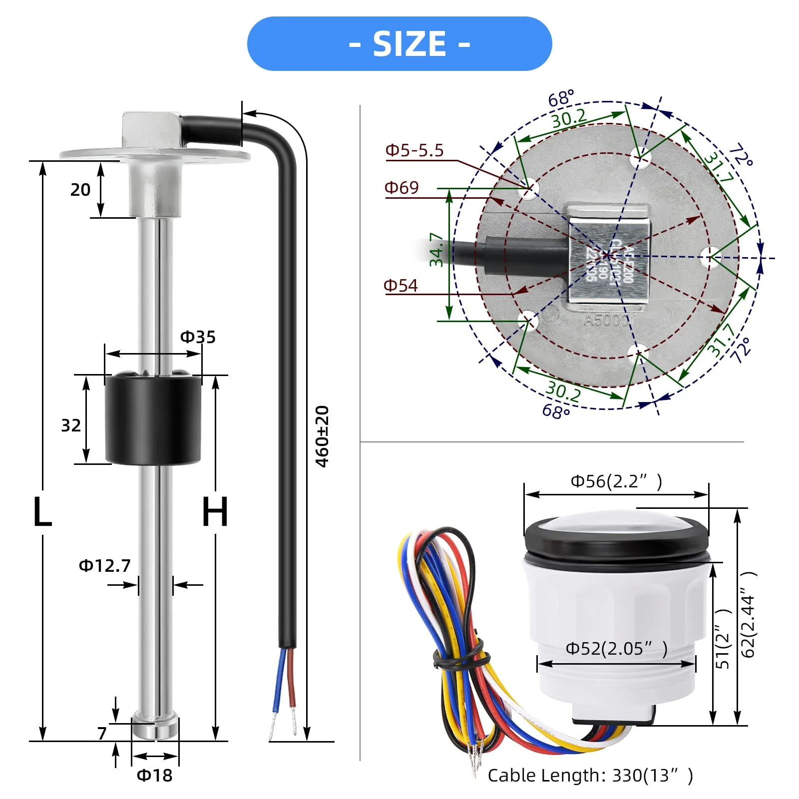 Level Sensor 175 mm, 0-190 Ohm Fuel Gas Sensor, Stainless Steel Fuel Sending Unit, Water Level Indicator Sensor for Boats, 5-Hole Fuel and Water Indicator 0-190 ohms 175mm - Image 5