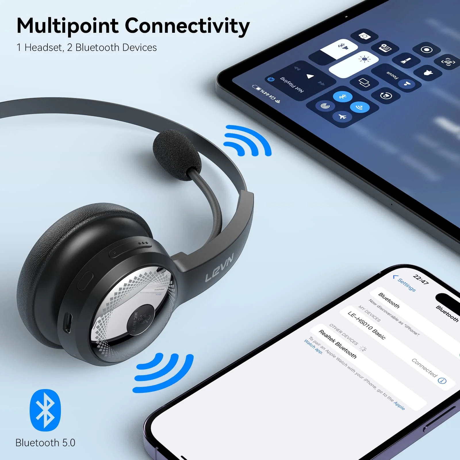 LEVN Bluetooth Headset, Wireless Headset with Microphone & Mute Button, 60Hrs Talk Time, On-Ear AI Noise Cancelling Headphones with Bluetooth 5.2 Multipoint for Trucker/Remote Work/Online Class/Zoom - Image 4