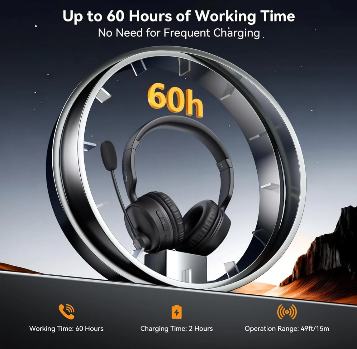 LEVN Bluetooth Headset with Microphone, 60 Hrs Working Time Dual Connection Bluetooth Headphones with Mic, Wireless Headset with Mic for Work/Video Meetings/Phone/Call Center/PC/Music/Zoom/Teams - Image 3