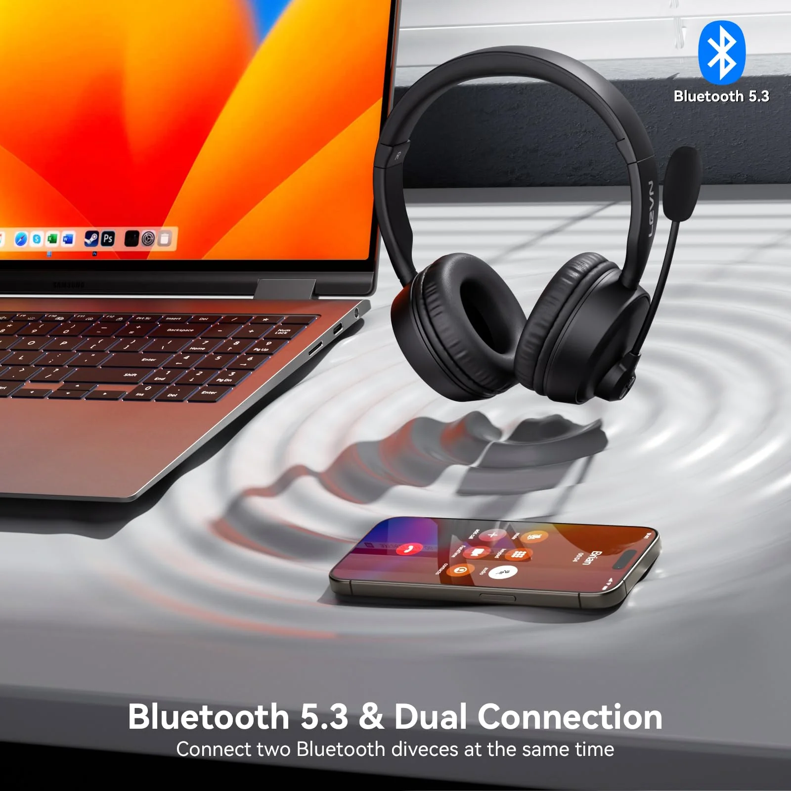LEVN Bluetooth Headset with Microphone, 60 Hrs Working Time Dual Connection Bluetooth Headphones with Mic, Wireless Headset with Mic for Work/Video Meetings/Phone/Call Center/PC/Music/Zoom/Teams - Image 4