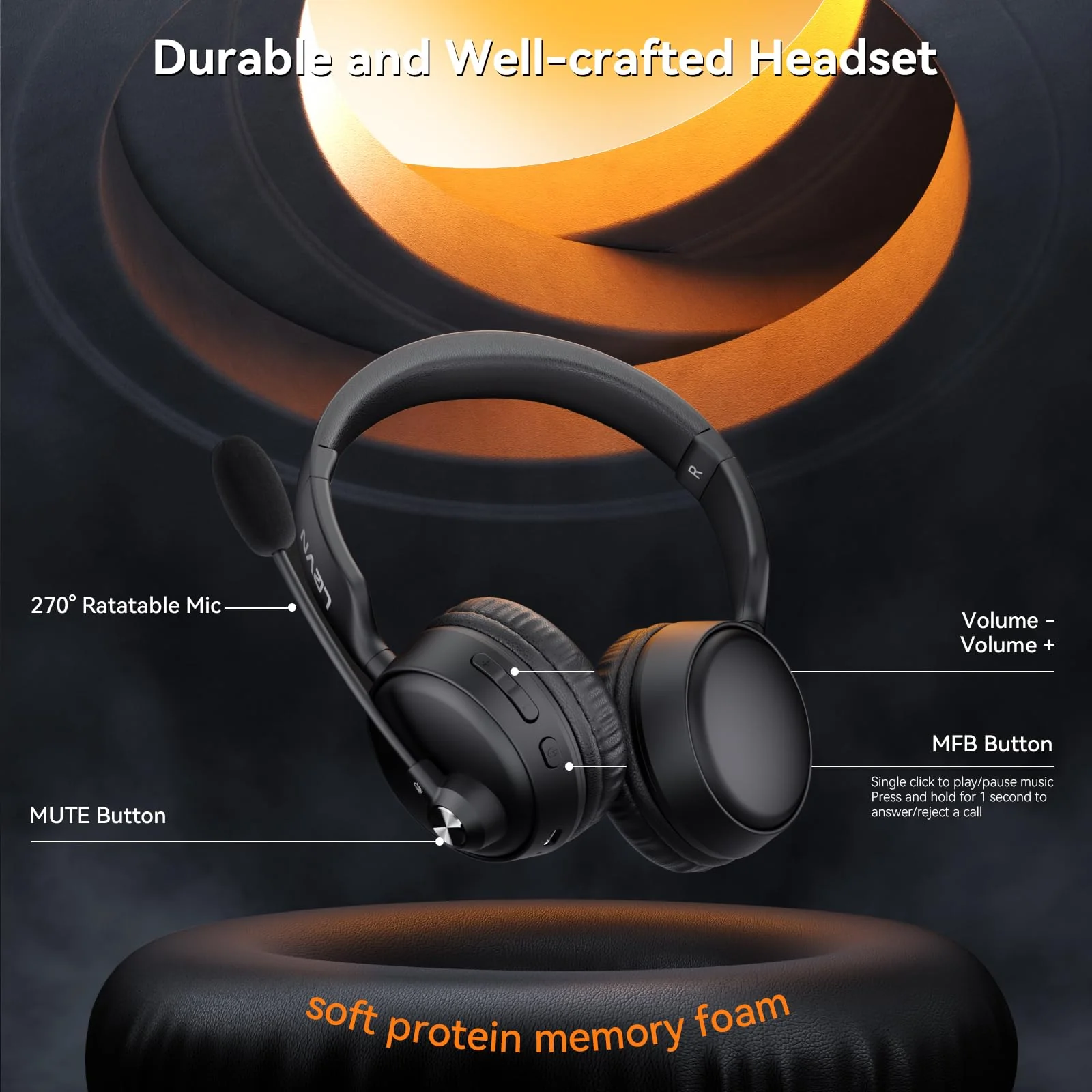LEVN Bluetooth Headset with Microphone, 60 Hrs Working Time Dual Connection Bluetooth Headphones with Mic, Wireless Headset with Mic for Work/Video Meetings/Phone/Call Center/PC/Music/Zoom/Teams - Image 5