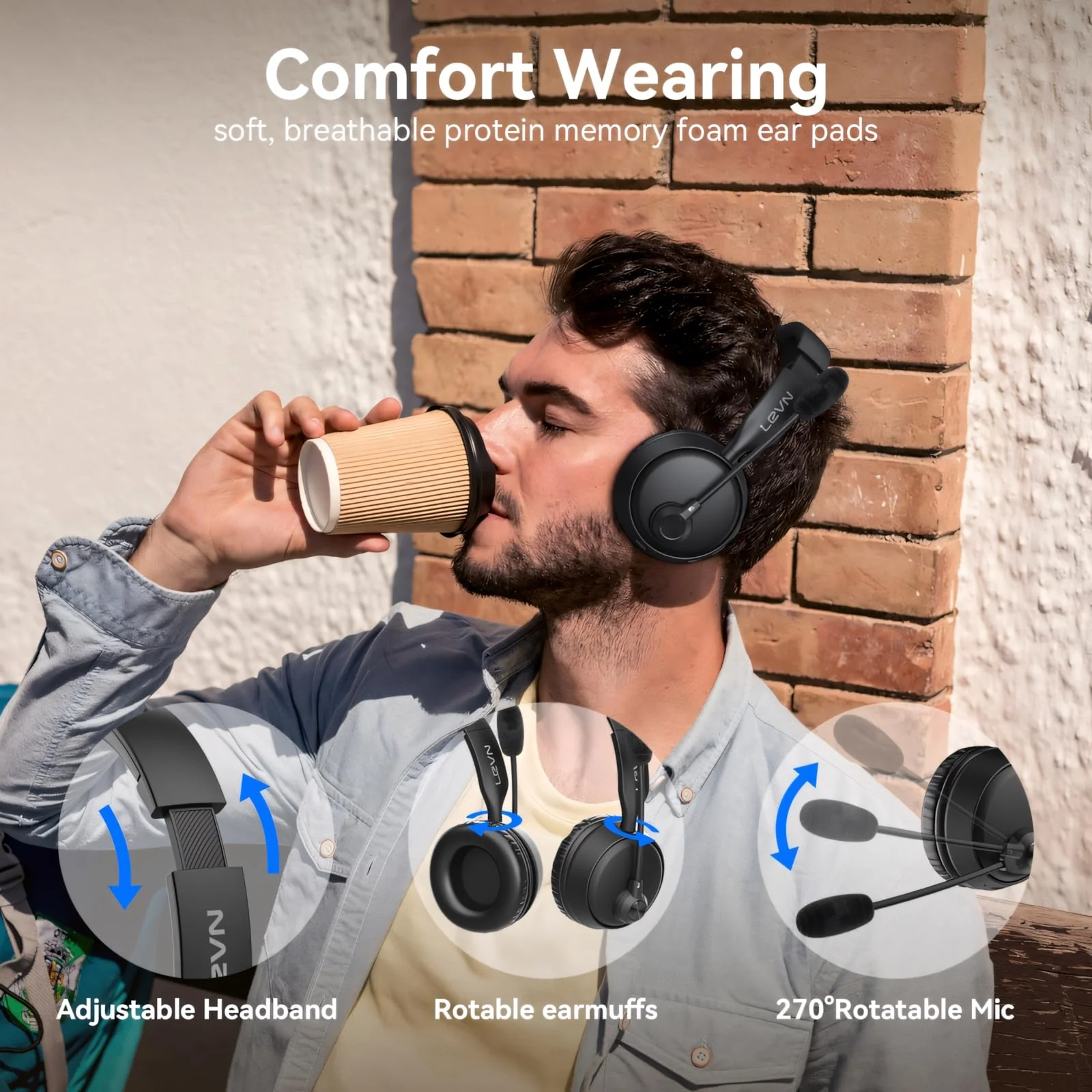 LEVN Bluetooth Headset with Microphone, 60 Hrs Working Time Dual Connection Bluetooth Headphones with Mic, Wireless Headset with Mic for Work/Video Meetings/Phone/Call Center/PC/Music/Zoom/Teams - Image 6