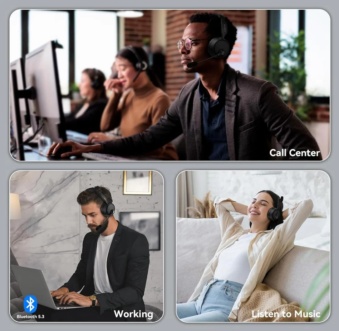 LEVN Bluetooth Headset with Microphone, 60 Hrs Working Time Dual Connection Bluetooth Headphones with Mic, Wireless Headset with Mic for Work/Video Meetings/Phone/Call Center/PC/Music/Zoom/Teams - Image 7
