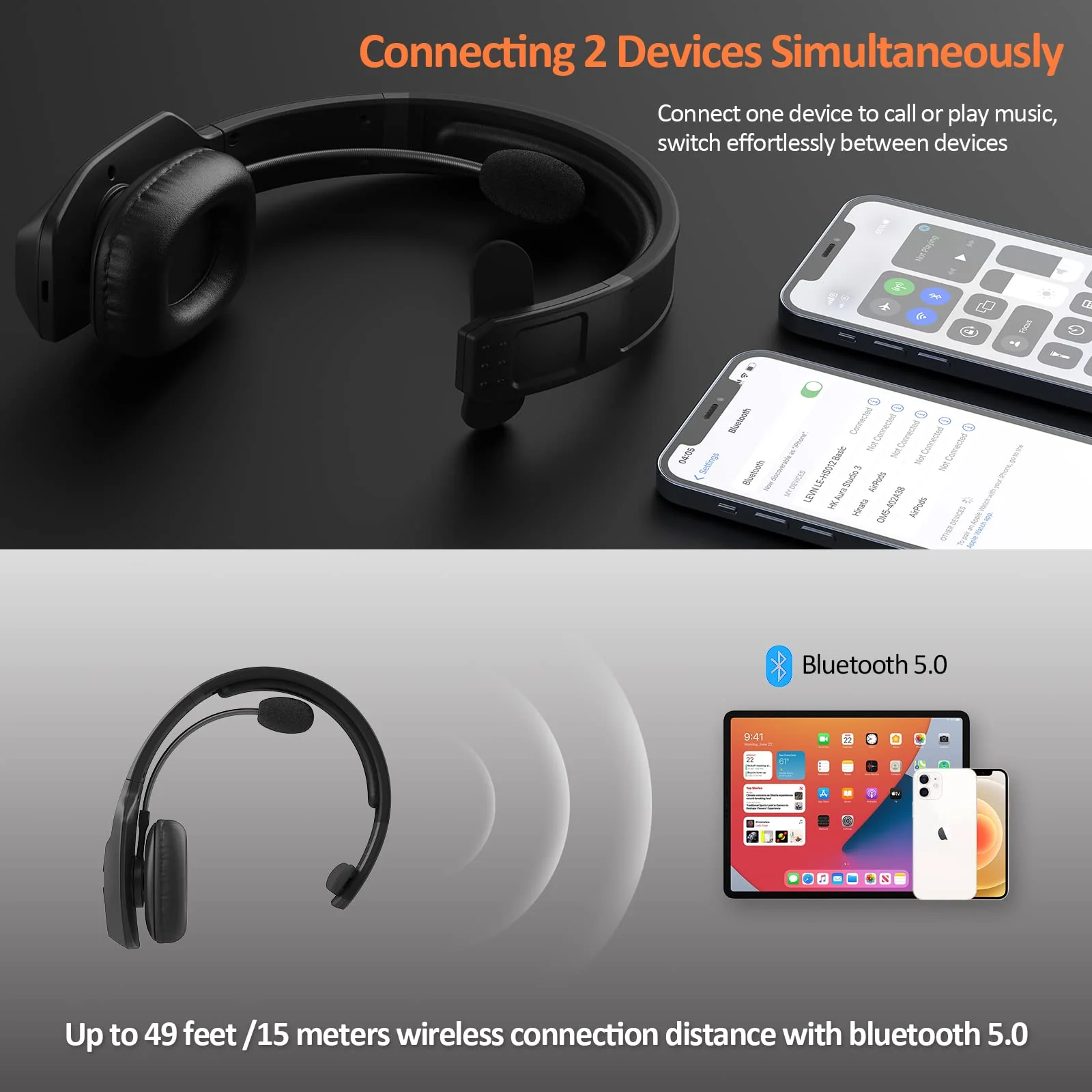 LEVN Bluetooth Headset with Microphone, Trucker Bluetooth Headset with AI Noise Cancelling & Mute Button, Wireless On-Ear Headphones 60 Hrs Working Time, for Trucker Home Office Remote Work Zoom Black - Image 3