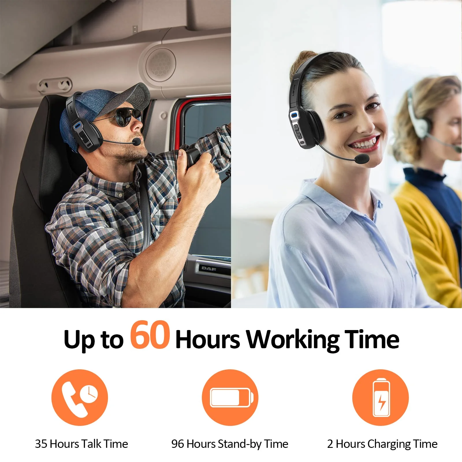 LEVN Bluetooth Headset with Microphone, Trucker Bluetooth Headset with AI Noise Cancelling & Mute Button, Wireless On-Ear Headphones 60 Hrs Working Time, for Trucker Home Office Remote Work Zoom Black - Image 4