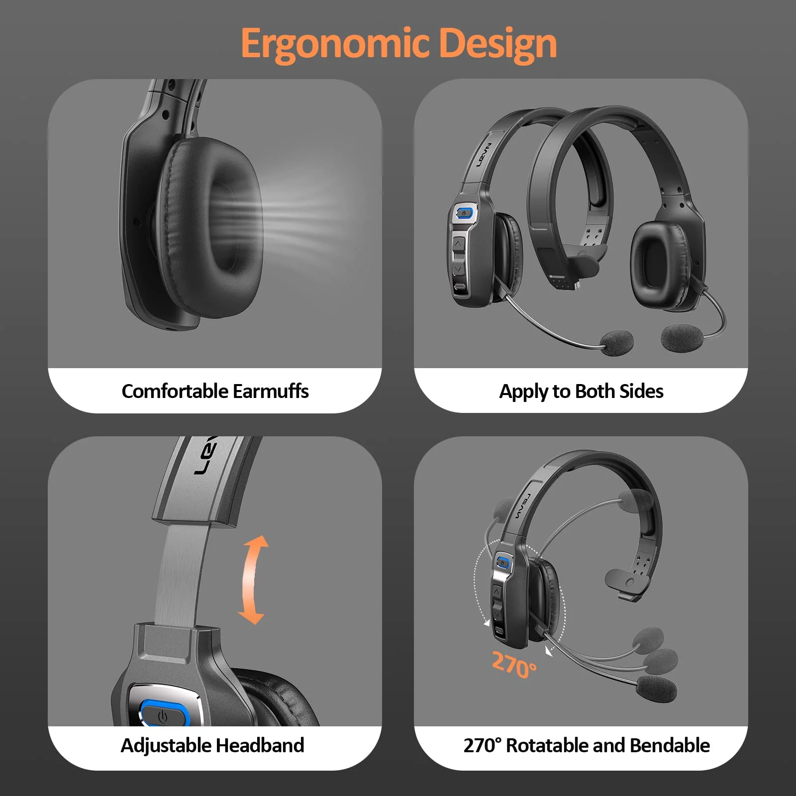 LEVN Bluetooth Headset with Microphone, Trucker Bluetooth Headset with AI Noise Cancelling & Mute Button, Wireless On-Ear Headphones 60 Hrs Working Time, for Trucker Home Office Remote Work Zoom Black - Image 5