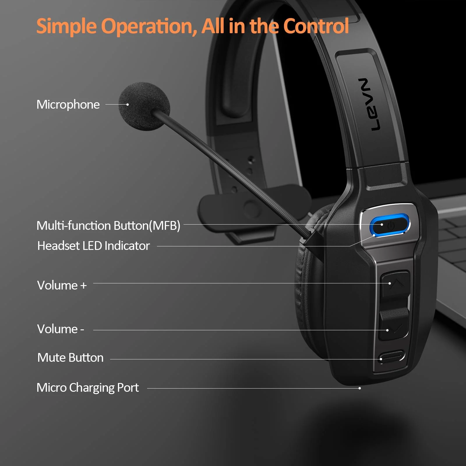 LEVN Bluetooth Headset with Microphone, Trucker Bluetooth Headset with AI Noise Cancelling & Mute Button, Wireless On-Ear Headphones 60 Hrs Working Time, for Trucker Home Office Remote Work Zoom Black - Image 6