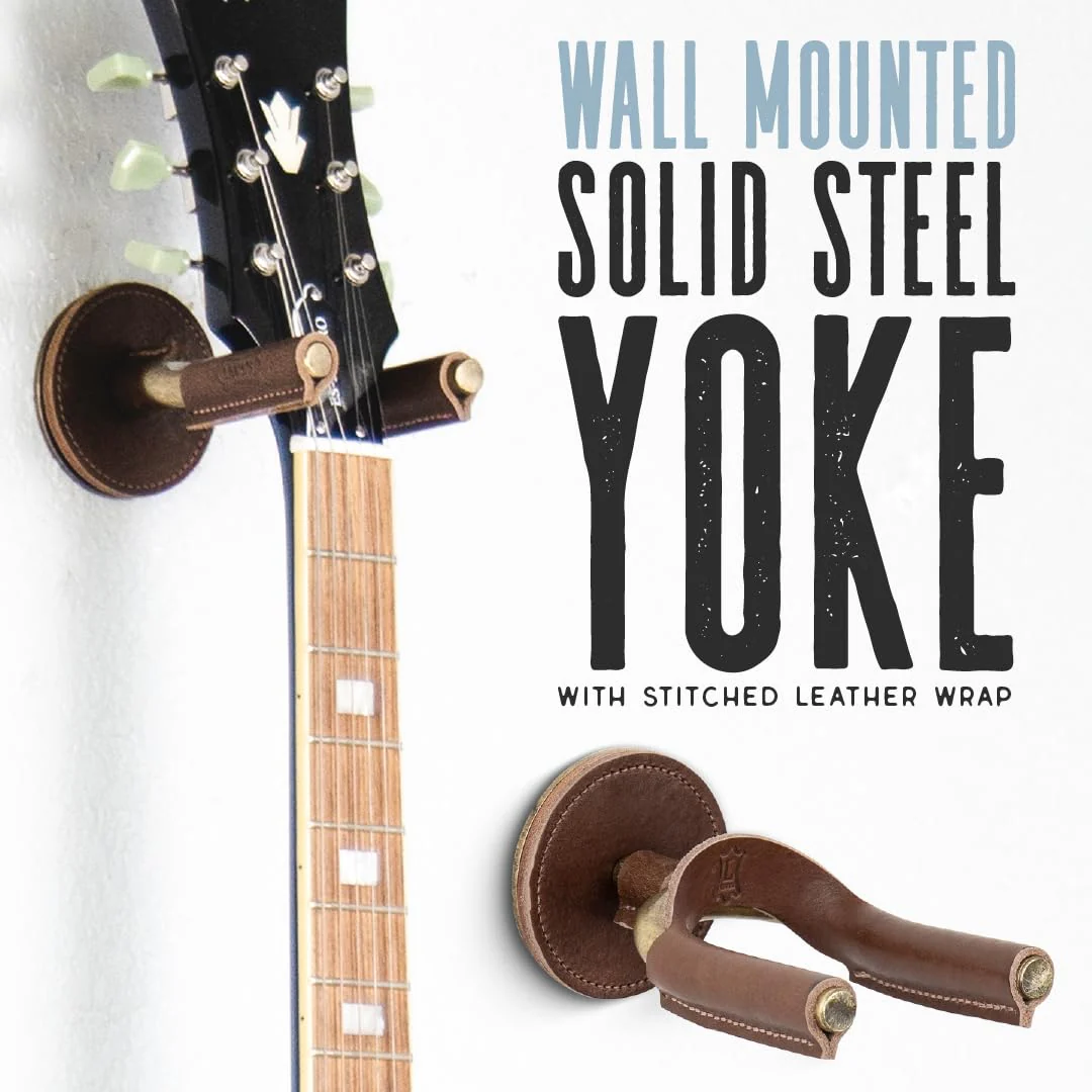 Levy's Leathers Forged Steel Guitar Hanger; Black Metal with Tan Veg-Tan Leather Yoke Wraps (LVY-FGHNGR-BKTN) Black Steel Tan Leather - Image 2