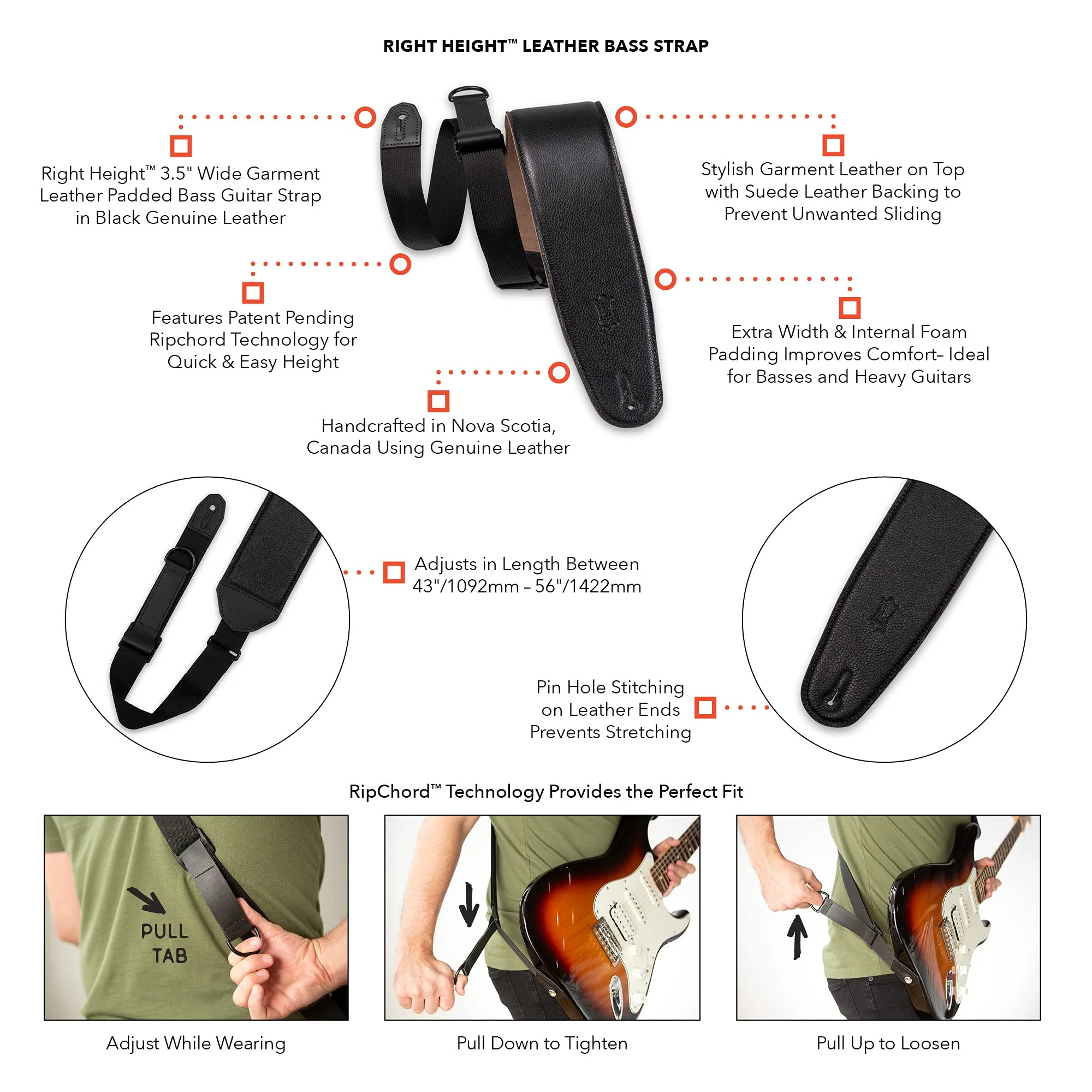 Levy's Leathers Right Height™ 3.5” Wide Garment Leather Padded Bass Guitar Strap in Black (MRH4GF-BLK) Suede / Garment Leather Black - 3.5" - Image 6