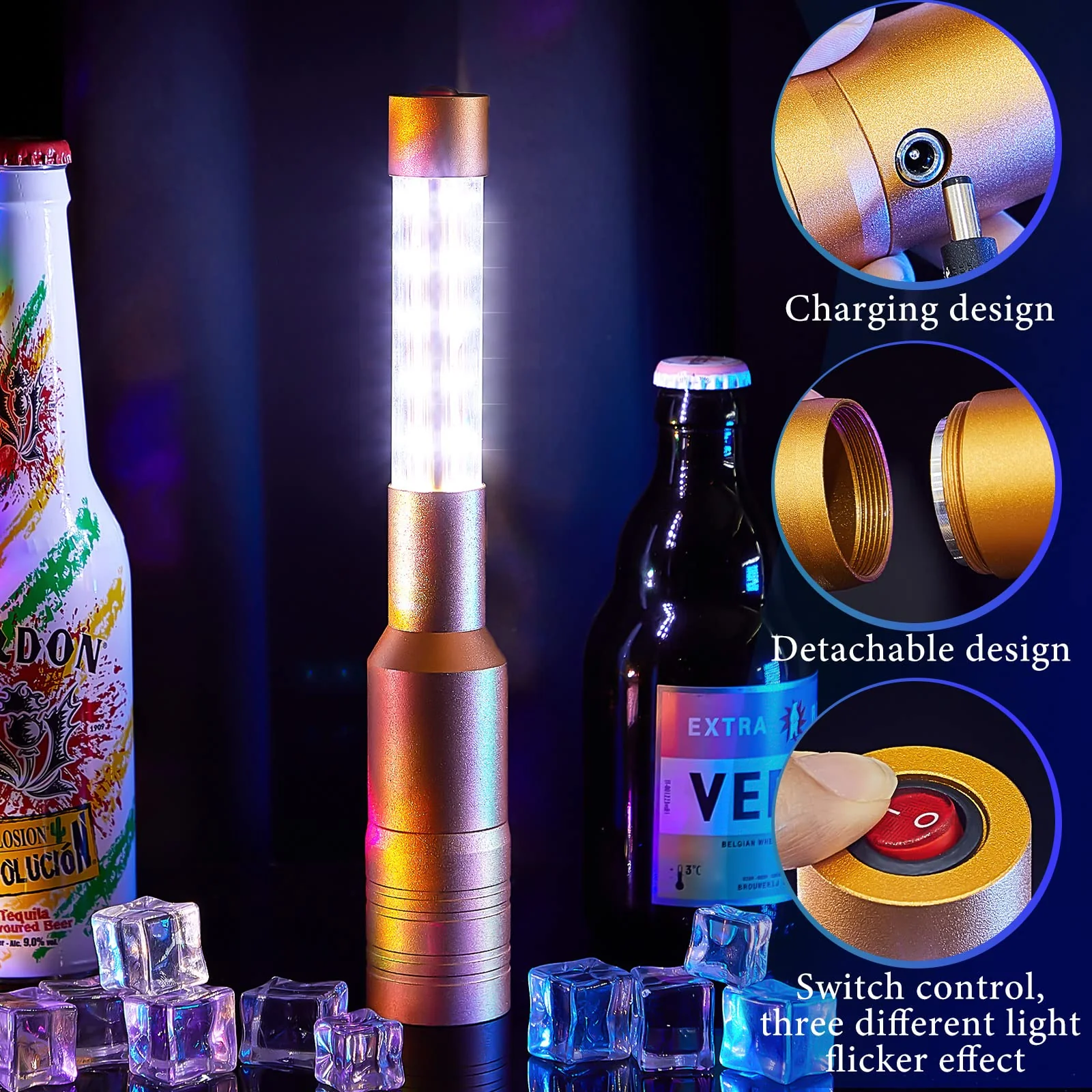 Lewtemi 4 Pieces Bottle Girl Lights Strobe Baton Bottle Service Lights Rechargeable Champagne Topper Handheld Sparklers for Bar Club VIP Nightclubs Party Event(Gold) Gold - Image 3