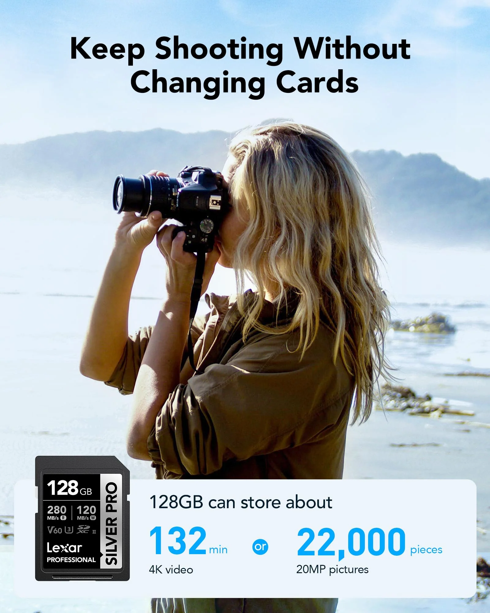 Lexar 128GB (2-PK) Professional SILVER PRO SDXC Memory Card, UHS-II, C10, U3, V60, Full-HD & 4K Video, Up To 280MB/s Read, for Professional Photographer, Videographer, Enthusiast (LSDSIPR128G-B2NNU) 2-Pack - Image 2