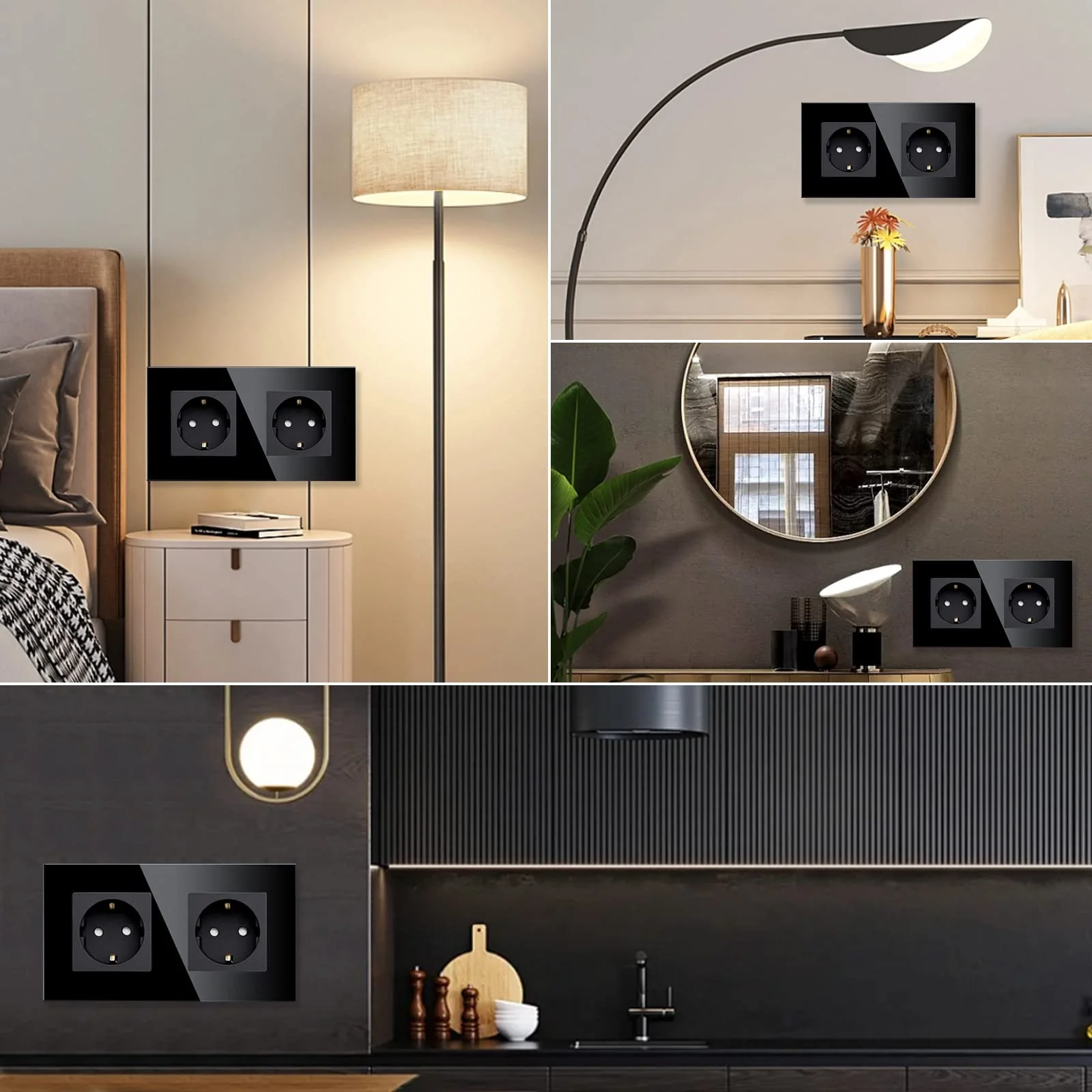LIAONFOY Schuko Double Socket with Child Safety Lock Glass Frame 2-Way Wall Socket Flush-Mounted Black Double 110-250 V 157 mm 2-gang socket - Image 2