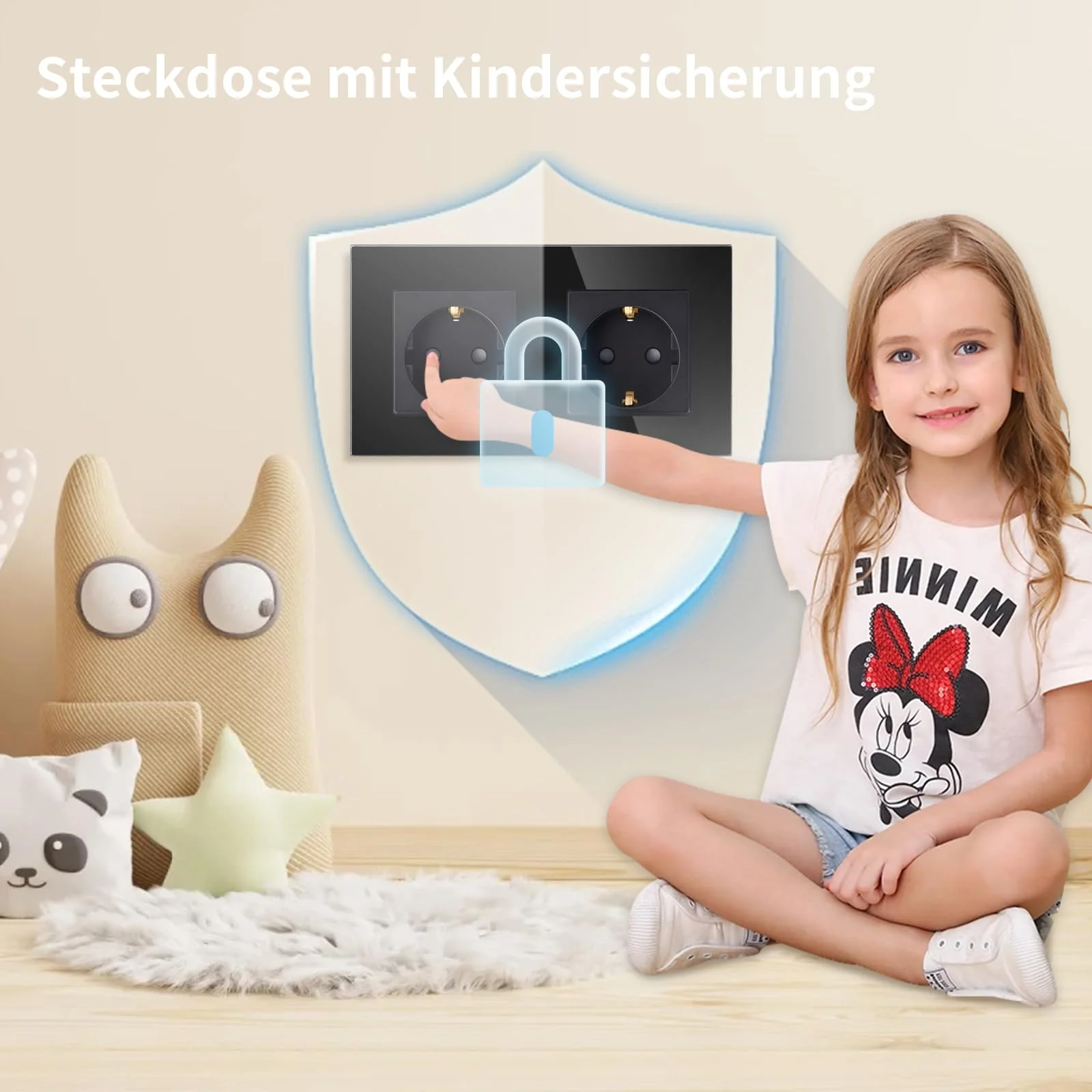 LIAONFOY Schuko Double Socket with Child Safety Lock Glass Frame 2-Way Wall Socket Flush-Mounted Black Double 110-250 V 157 mm 2-gang socket - Image 3