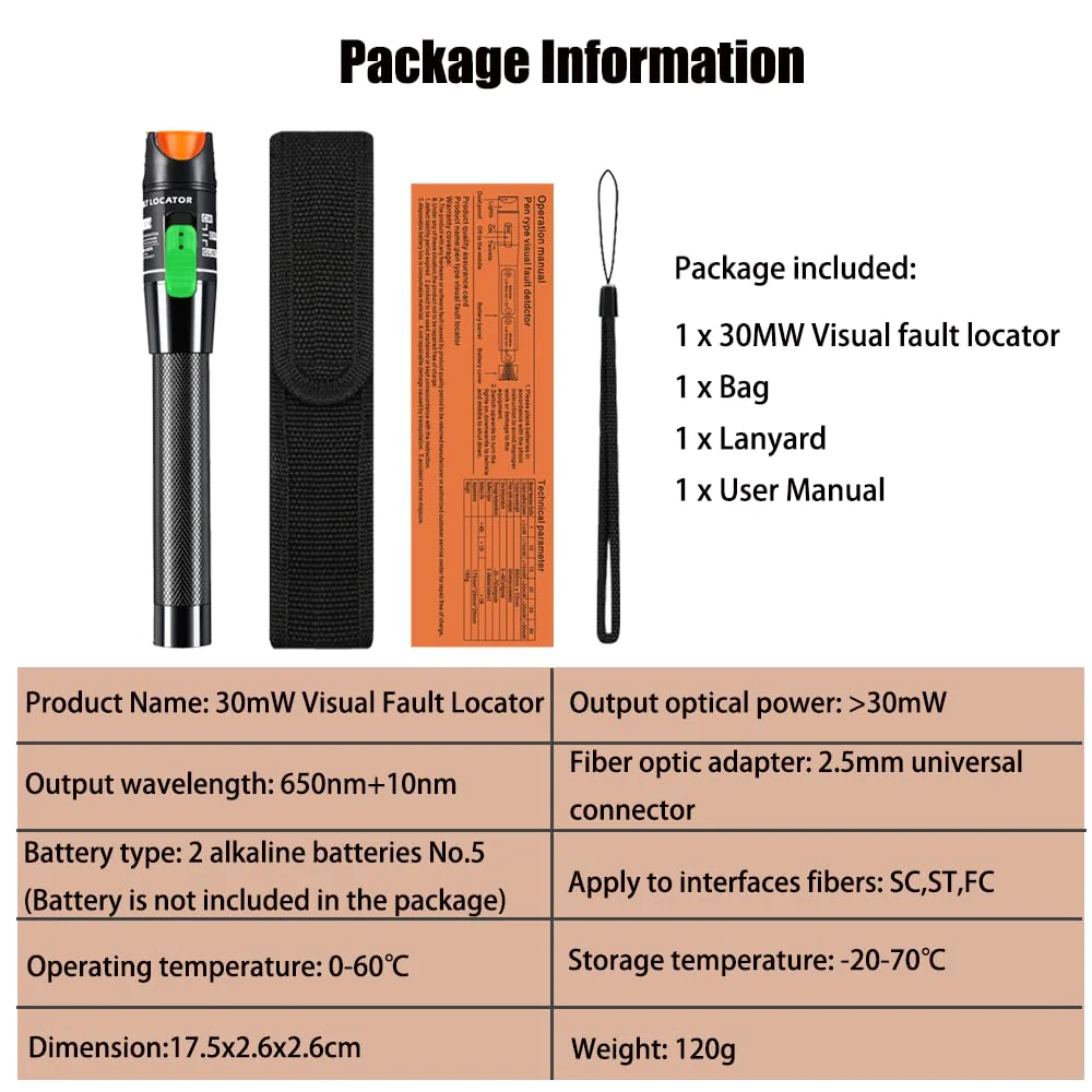 LIAYTRSS Visual Fault Finder 30mW 30km FTTH Fiber Optic Tester Fiber Optic Pen with 2.5mm Standard Interface for Fiber Interface SC/FC/ST (Pack of 1) 1PCS - Image 7