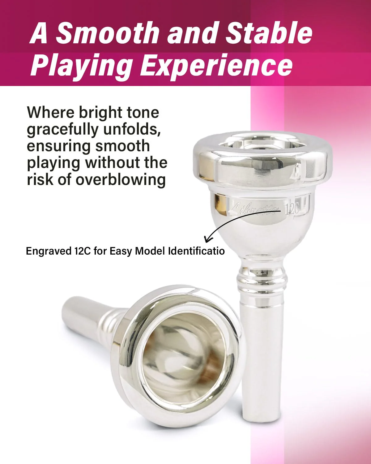 Libretto 12C Trombone Mouthpiece, 2μm Silver Plated Mouthpiece w/Vacuum Packing, Small Shank Compatible with Alto Trombone & Baritone, Designed for Beginner, Student, Jazz Player - Image 4