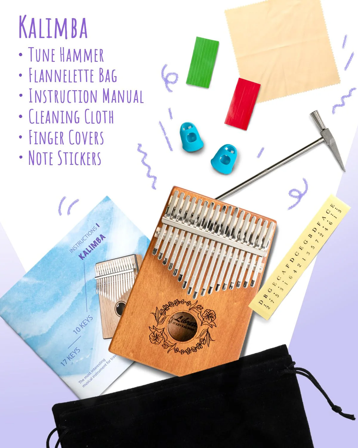 Libretto Kalimba Solid Wood Thumb Piano 17 Keys, Portable Mbira Finger Piano with Tune Hammer, Flannel Bag, Manual, Cleaning Cloth, Finger Covers, and Stickers, Great Gift for Kids and Adult Beginners - Image 2