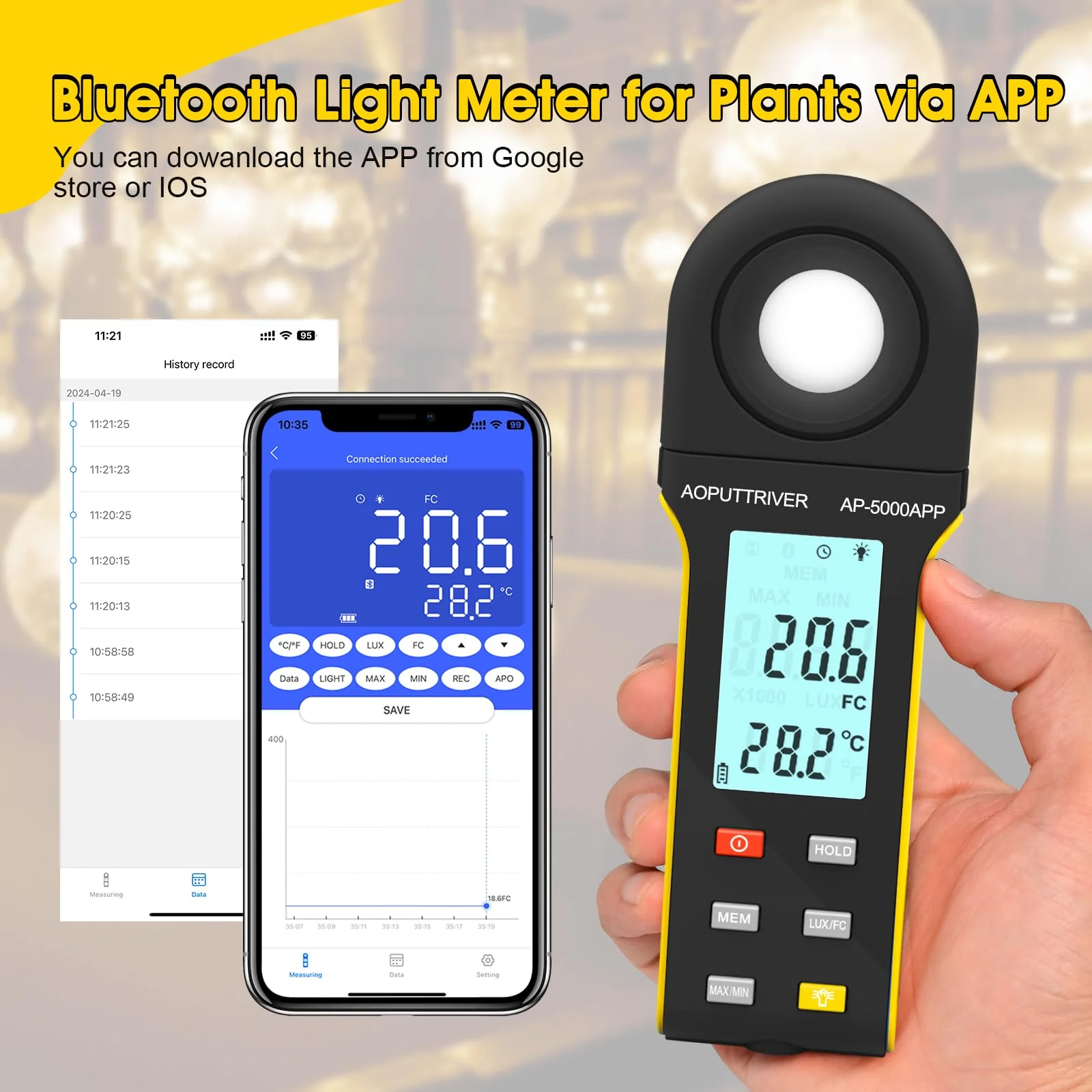 Light Meter,Lux/Foot Candles Meter with Bluetooth,0.1~400,000 Lux with 270º Rotating Sensor,Light Meter for Plants, Car Headlights, Home & Office LEDs - Image 2